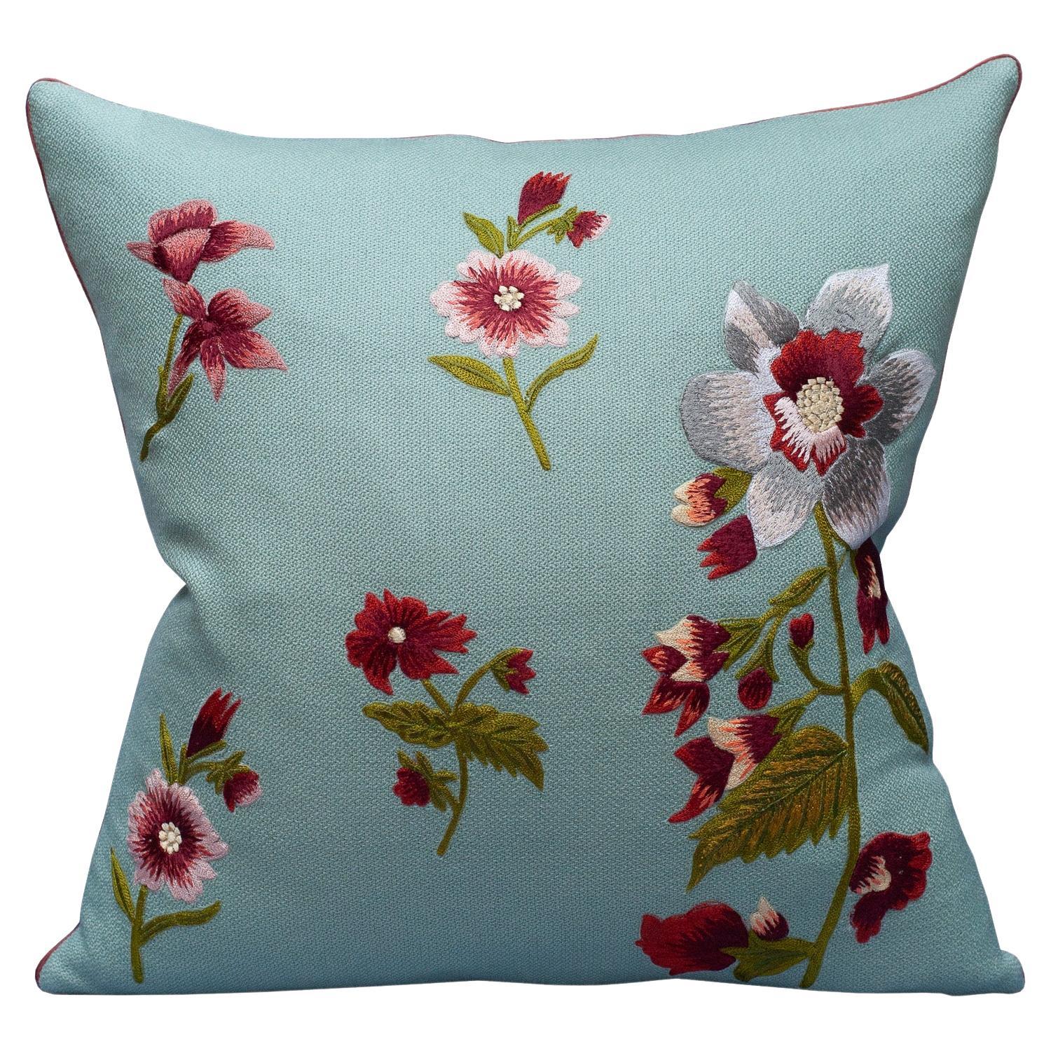 Contemporary Soft Blue Merino Wool and Linen Pillow with Embroidered Florals For Sale