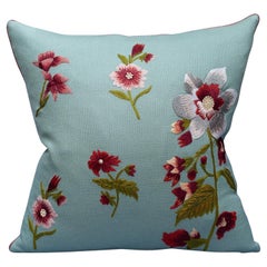 Contemporary Soft Blue Merino Wool and Linen Pillow with Embroidered Florals