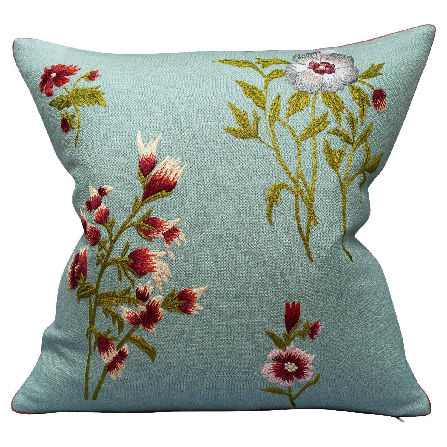 Contemporary Soft Blue Merino Wool and Linen Pillow with Embroidered Florals For Sale