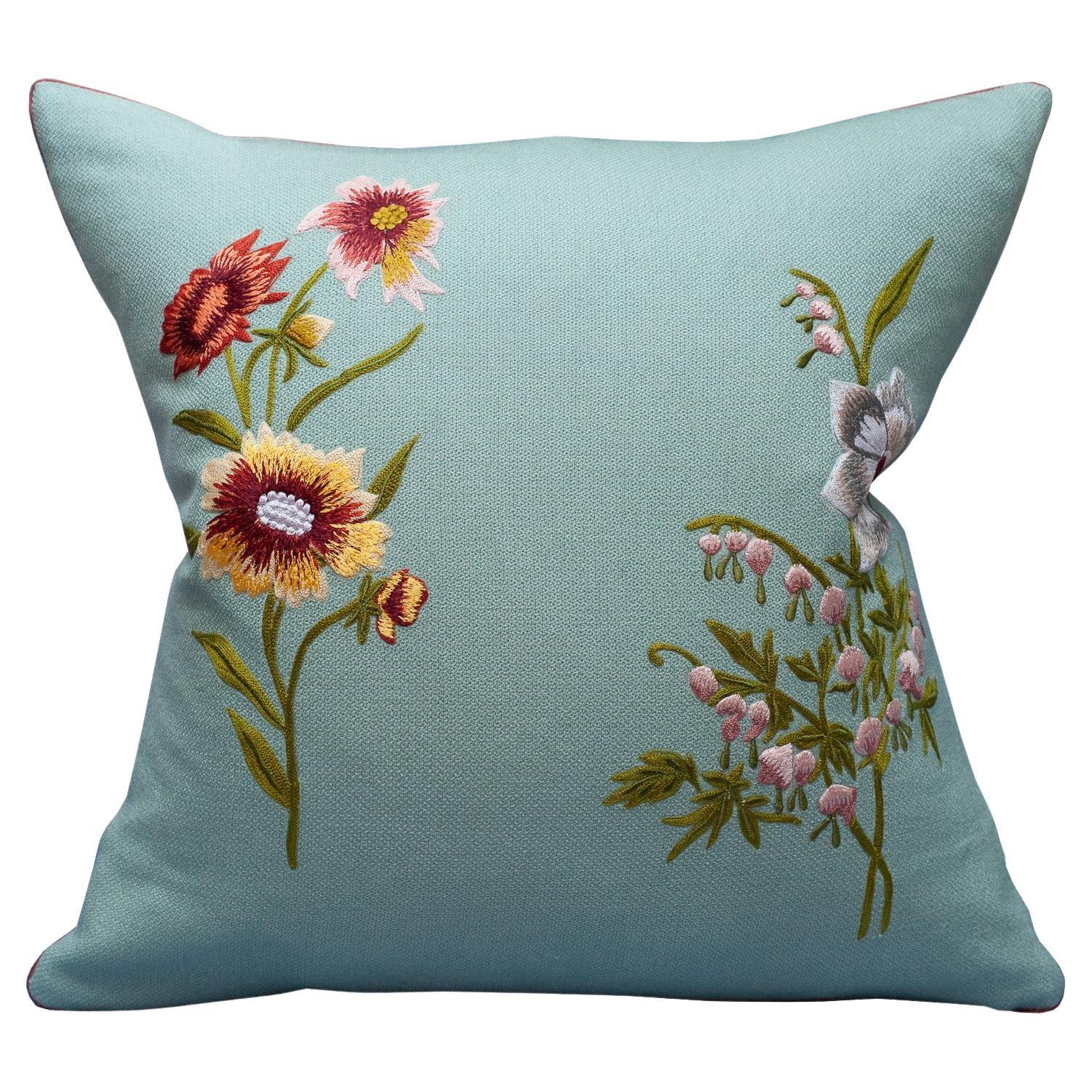 Contemporary Soft Blue Merino Wool and Linen Pillow with Embroidered Florals For Sale