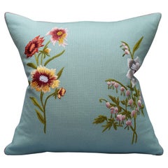 Contemporary Soft Blue Merino Wool and Linen Pillow with Embroidered Florals