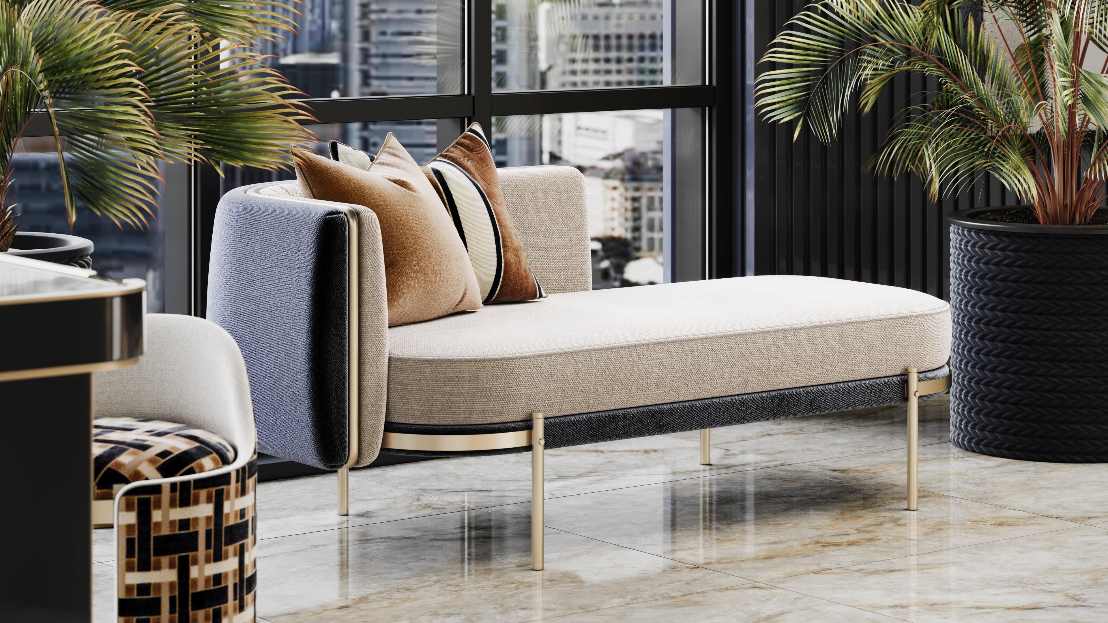 Solene Daybed is an invitation to linger, marrying sculptural poise with cloud‑like comfort. Its elongated, low‑profile silhouette appears to glide above the floor on slender, hand‑polished brass legs that catch the light like jewelry—an elegant