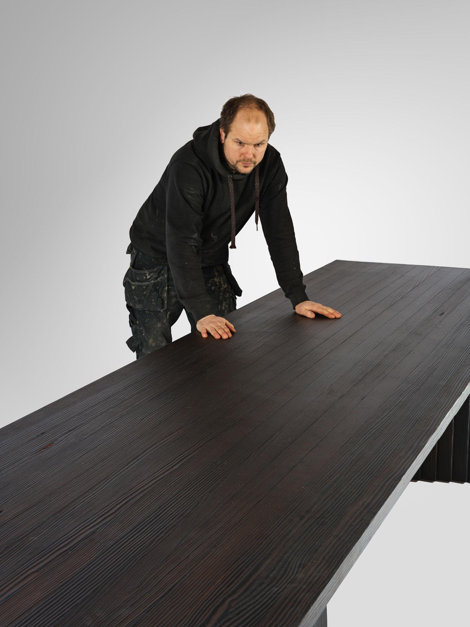 Contemporary Solid Burned Pine, Geometrical Ater Dining Table by Tim Vranken For Sale 3