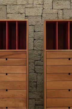 Contemporary Solid Cedar and Walnut Tall Chest with Exposed Joinery and drawers