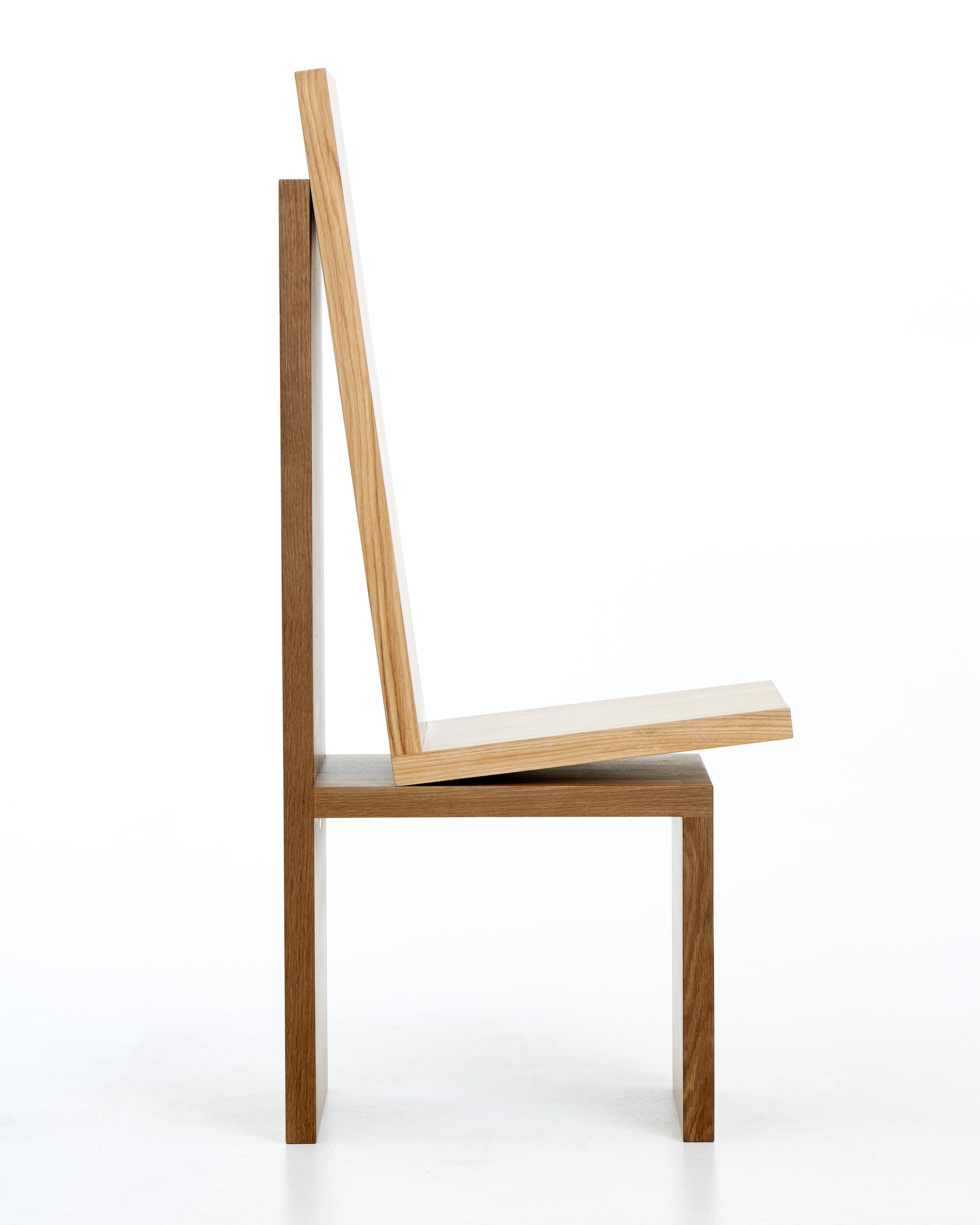 Sculptural solid oak dining chair made with no metal. Good back support, comfortable to seat. Minimum order 8 pieces, available in different finishes. 

Janis Straupe (1962), a Latvian craftsman, an artist and designer with 35 years of