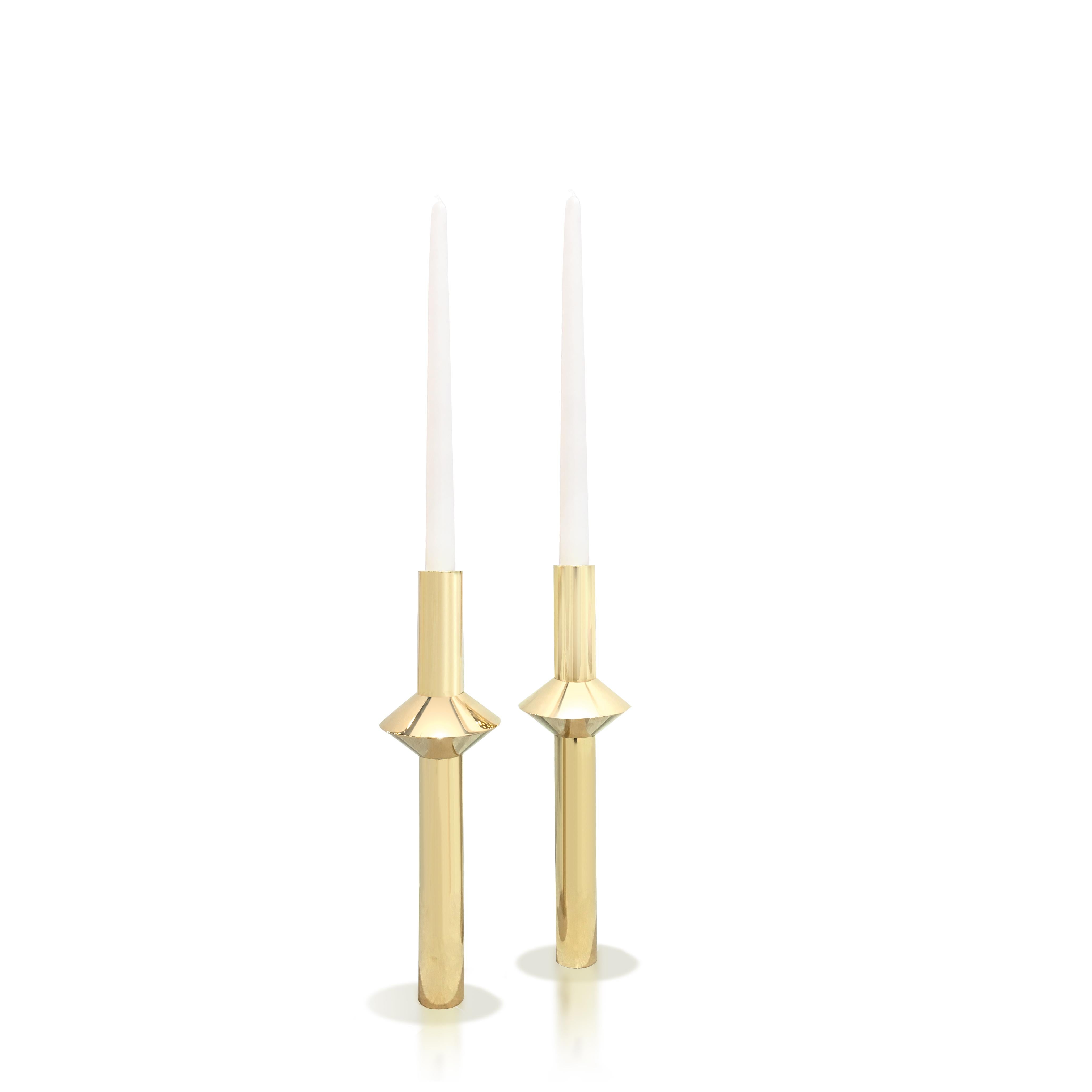 Turned Contemporary Solid Swedish Brass Modern Minimalist Candlesticks For Sale