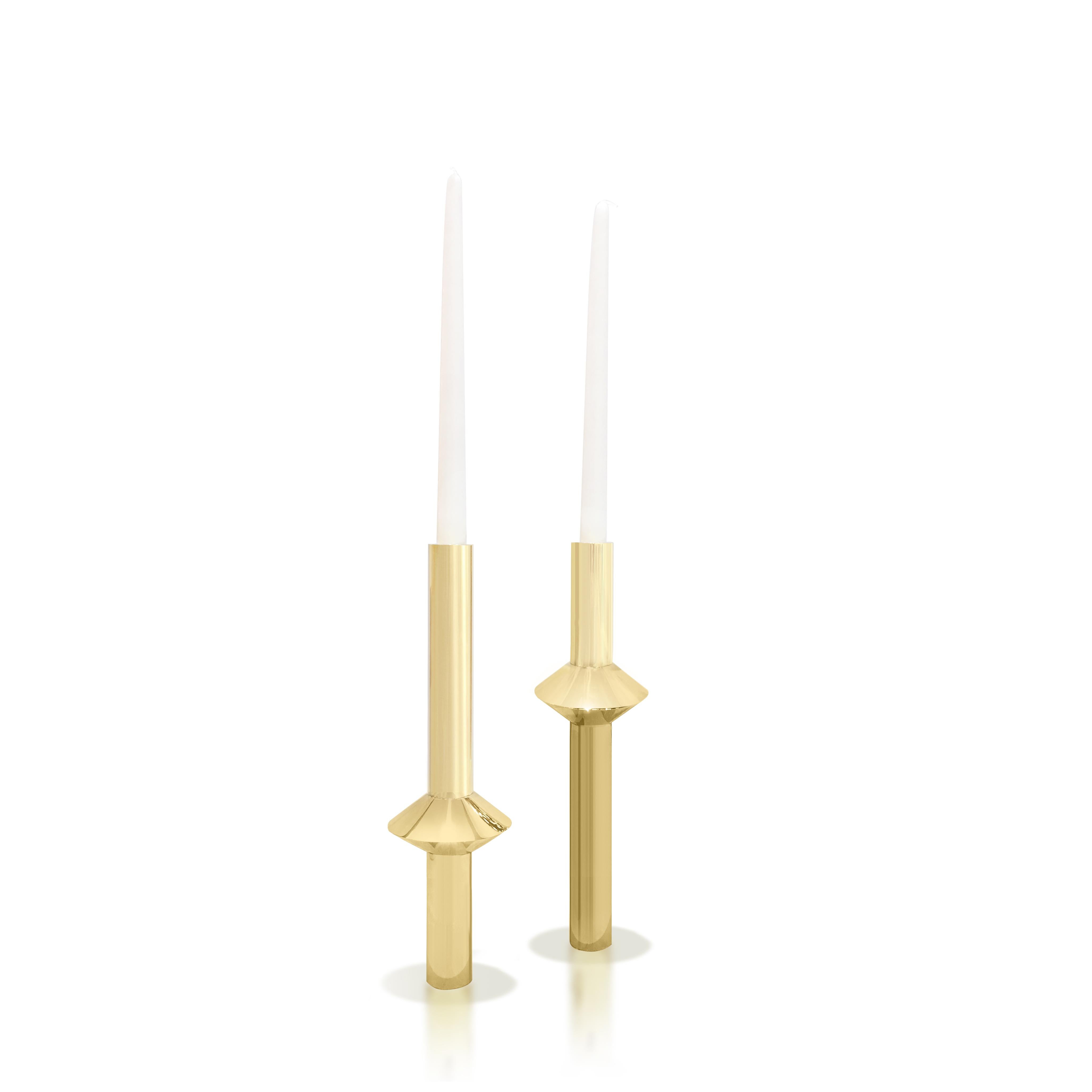 Contemporary Solid Swedish Brass Modern Minimalist Candlesticks In New Condition For Sale In New York, NY