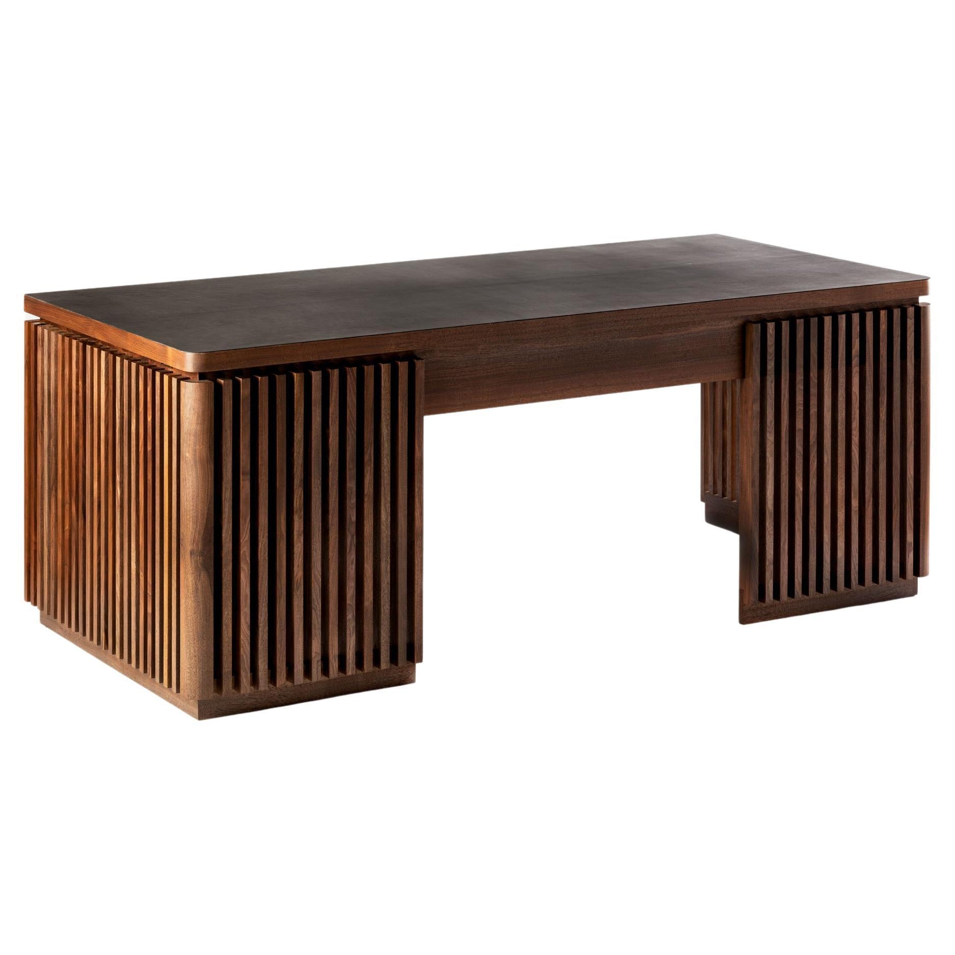 Contemporary, Solid Walnut and Black Leather, Handmade Ante Desk by Tim Vranken