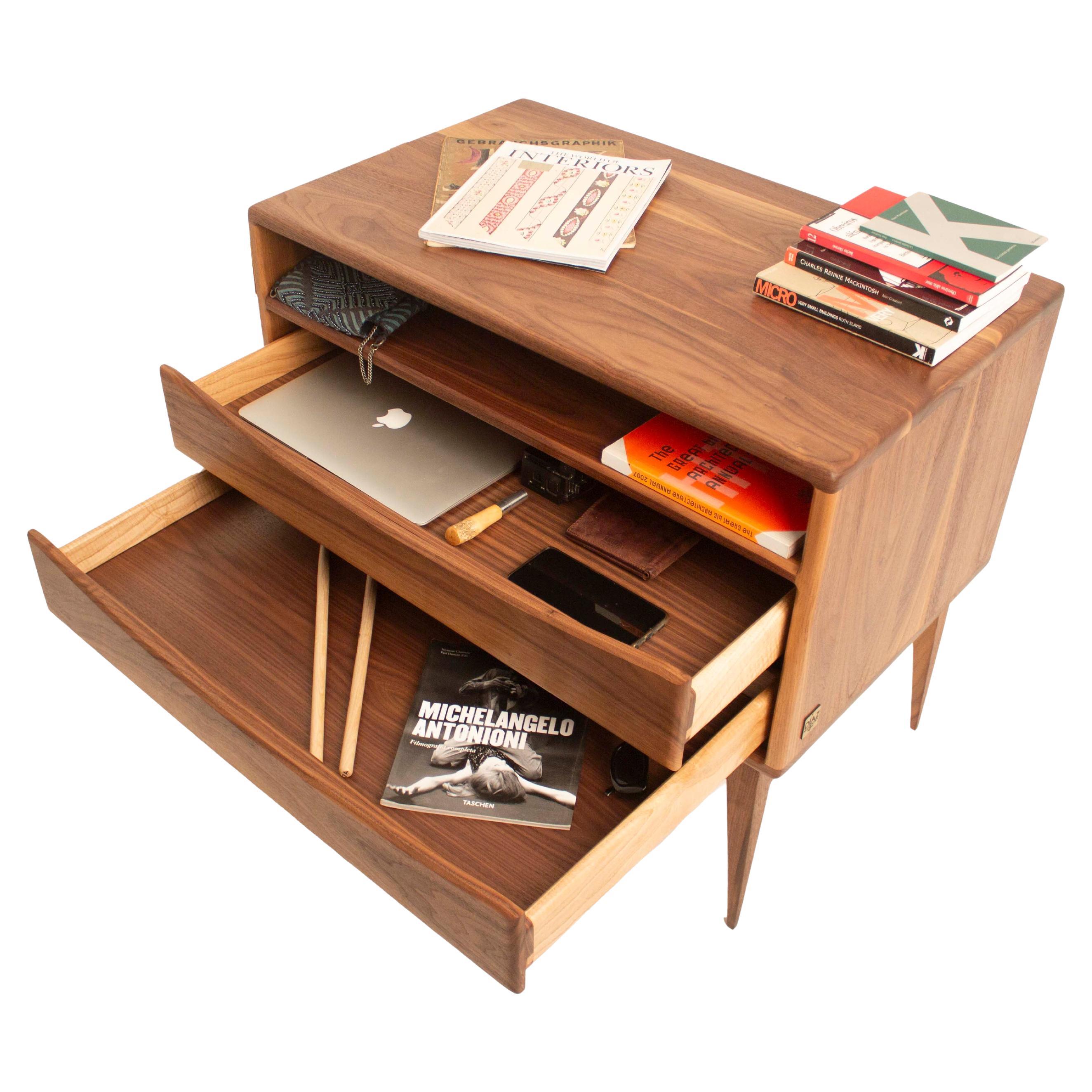 Contemporary Solid Walnut Nightstand or Console Table with Drawer – Handcrafted For Sale