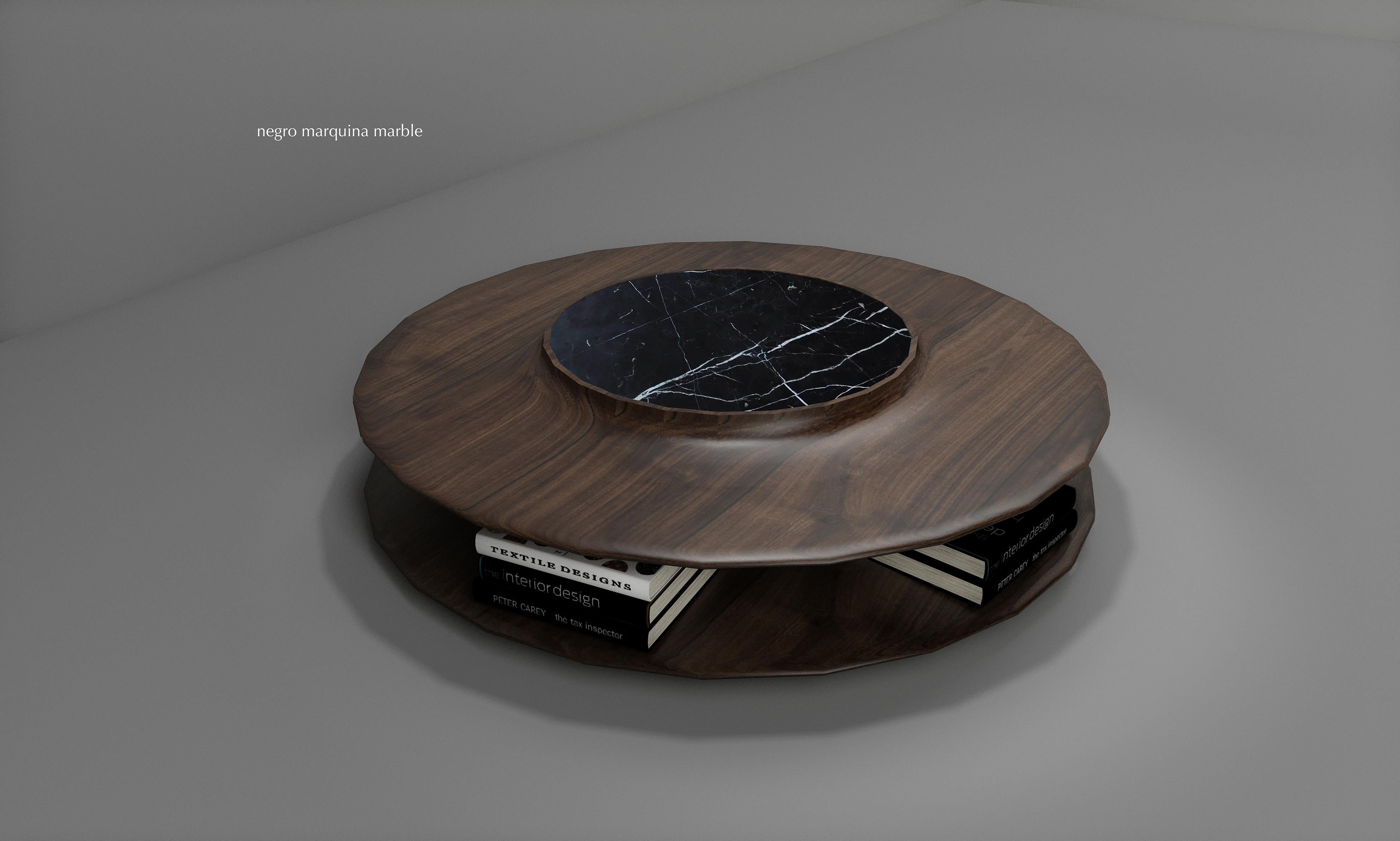 American Contemporary Solid Walnut Perry Cocktail Table with marble top insert For Sale