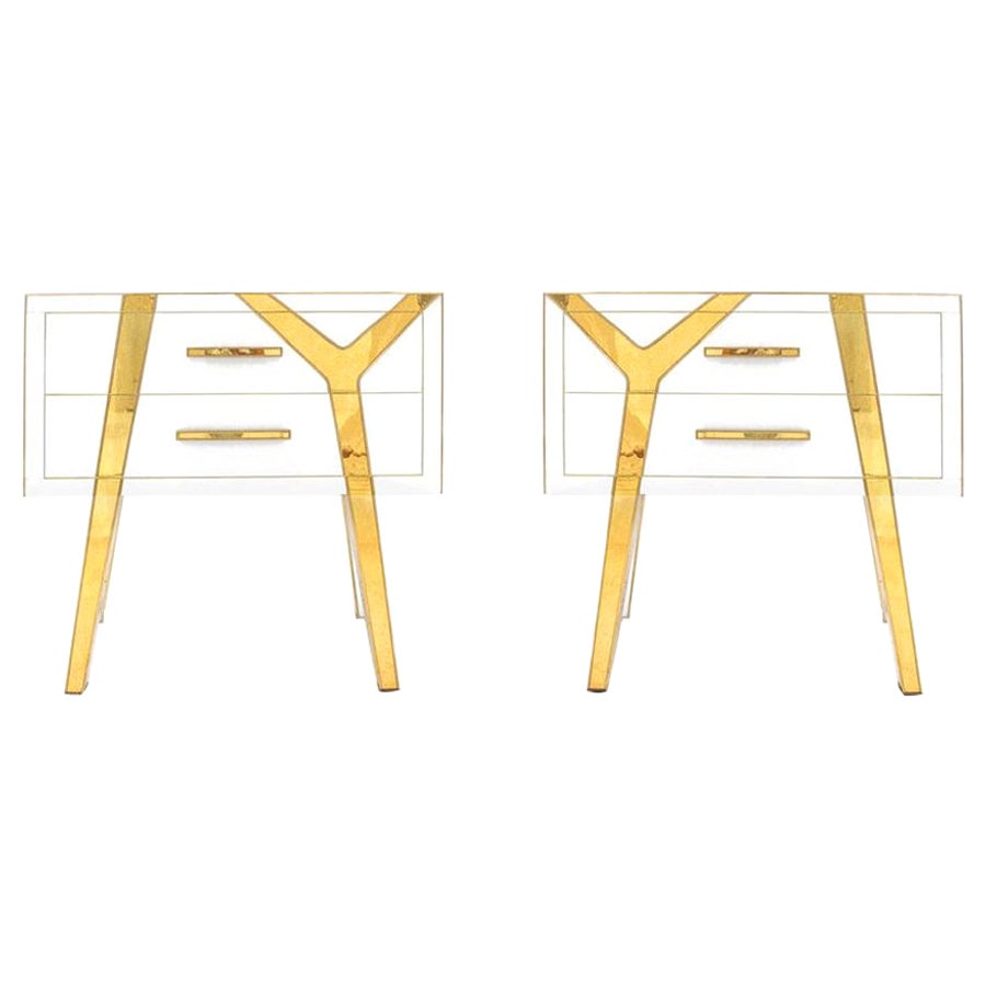 Paire de tables de chevet italiennes contemporaines en bois massif et verre de L.A. Studio