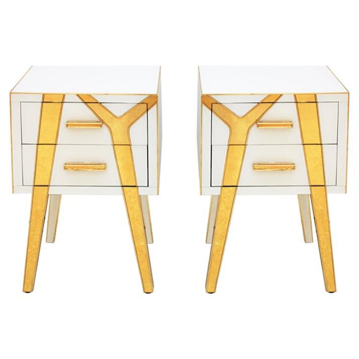 Contemporary Solid Wood and Glass Italian Pair of Bedside Tables by L.A