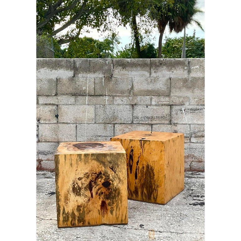 Contemporary Solid Wood Block Side Tables, a Pair at 1stDibs