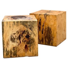 Contemporary Solid Wood Block Side Tables, a Pair