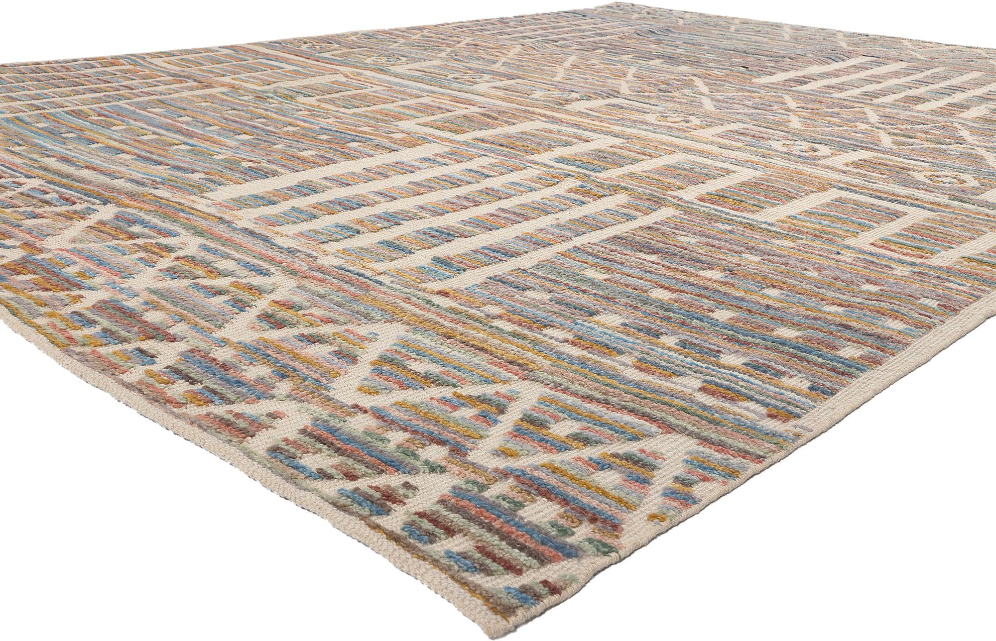 80995 Colorful Modern Moroccan Rug, 08'09 x 12'03. Boho Chic meets tribal enchantment in this hand-knotted wool modern Moroccan area rug, where vibrant creativity intertwines with traditional craftsmanship. The rug's colorful striated backdrop