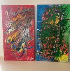 Contemporary Spanish Artist Abstract Dyptich in Ted and Green