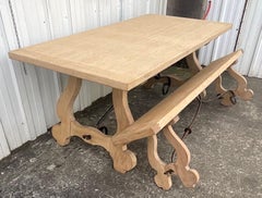 Contemporary Spanish-Style Oak Dining Table and Bench with Wrought Iron Stretche