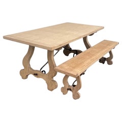 Contemporary Spanish-Style Oak Dining Table and Bench with Wrought Iron Stretche