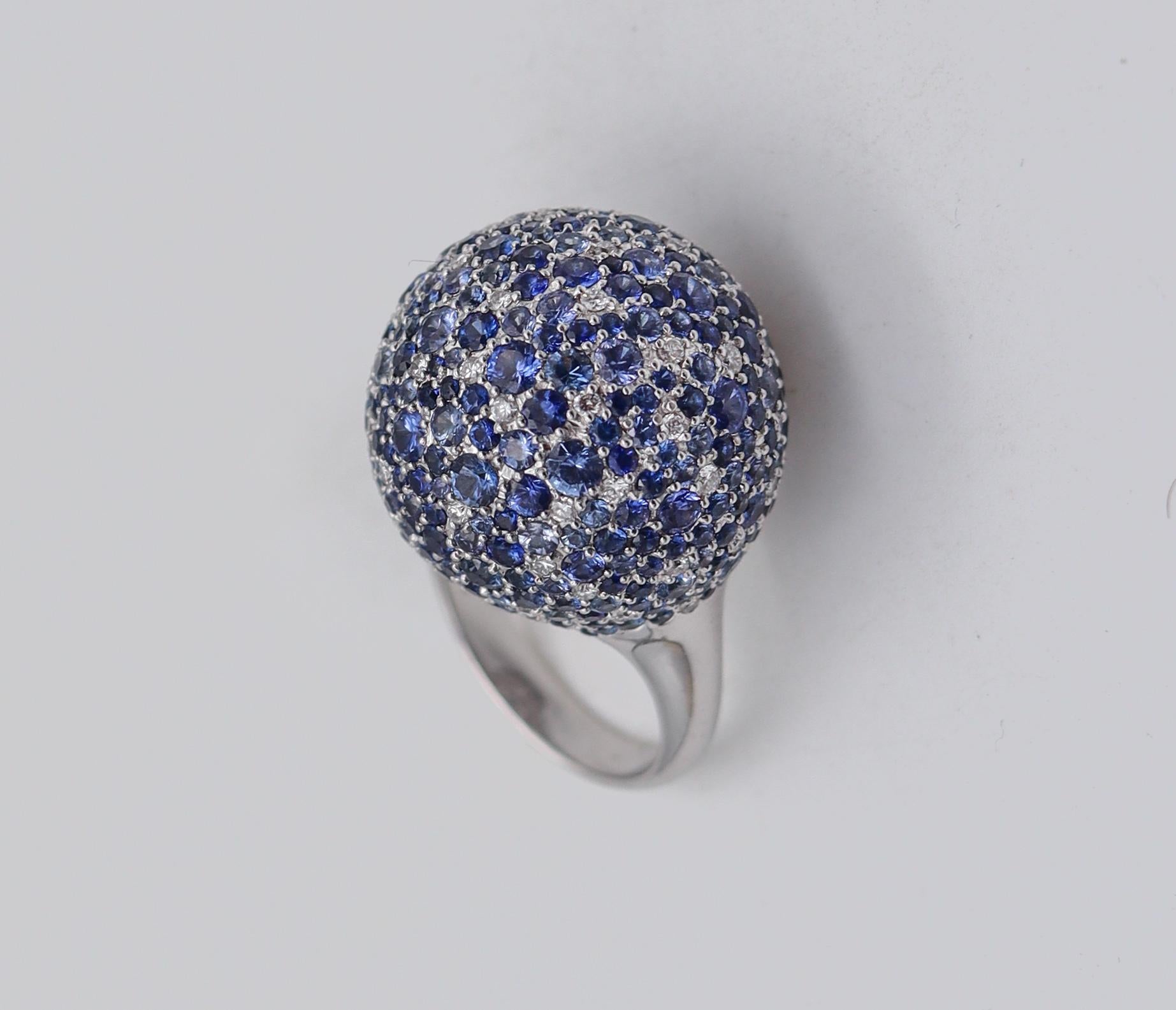 Modernist Contemporary Sphere Cocktail Ring 18Kt Gold with 11.87 Ctw Diamonds & Sapphires