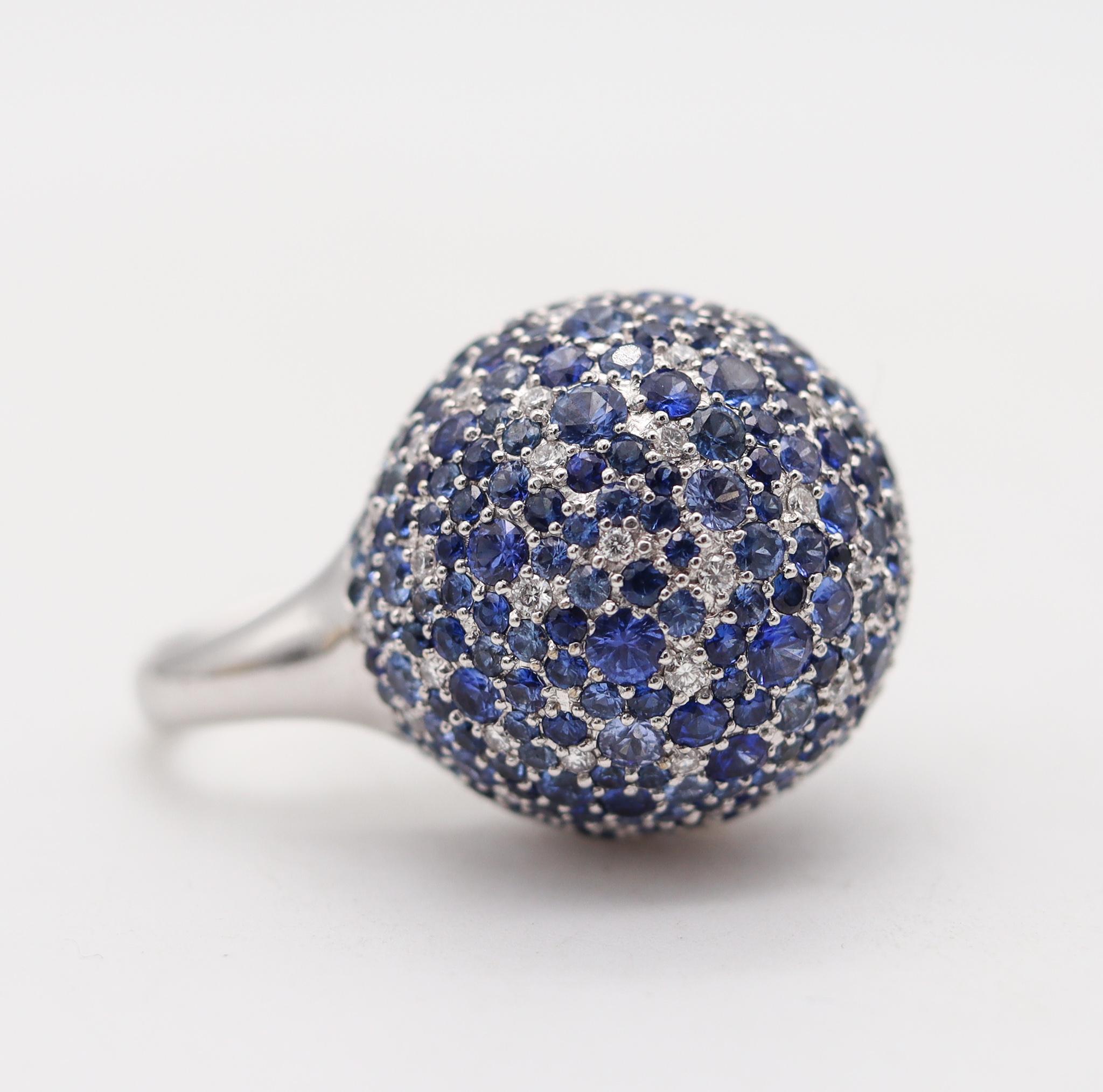 Brilliant Cut Contemporary Sphere Cocktail Ring 18Kt Gold with 11.87 Ctw Diamonds & Sapphires