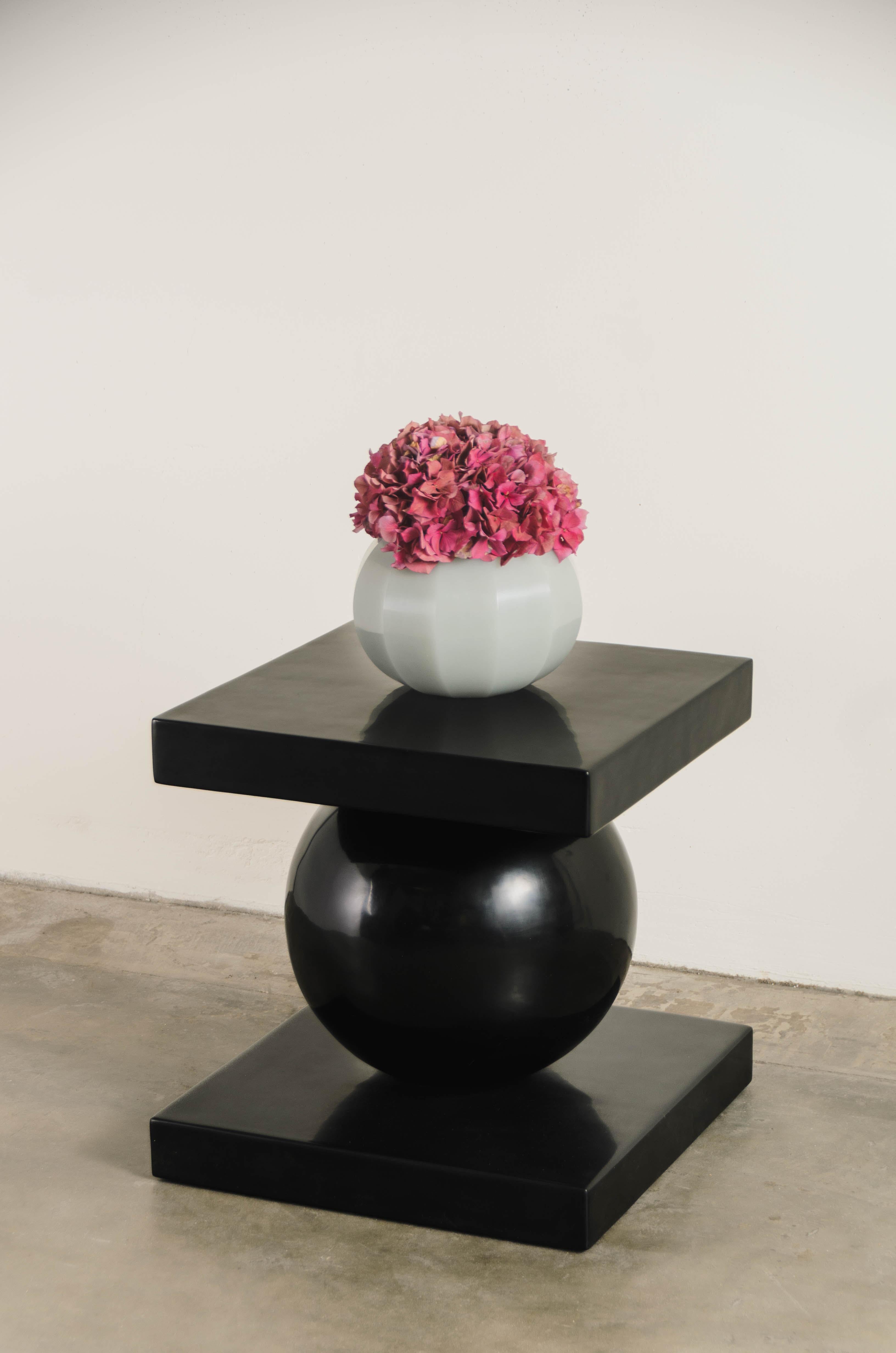 Repoussé Contemporary Sphere Table w/ Square Top in Black Lacquer by Robert Kuo, Limited For Sale