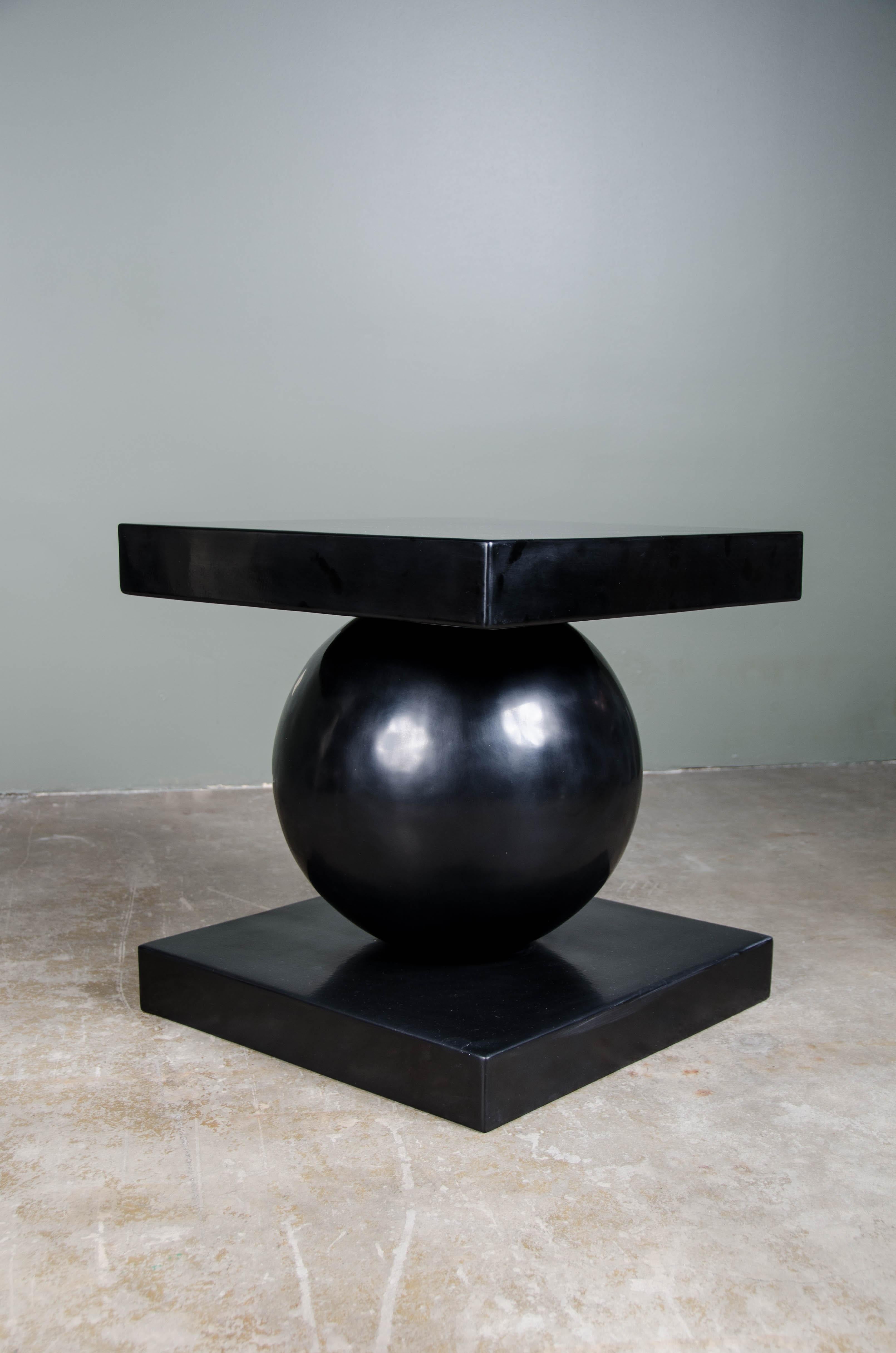Contemporary Sphere Table w/ Square Top in Black Lacquer by Robert Kuo, Limited In New Condition For Sale In Los Angeles, CA
