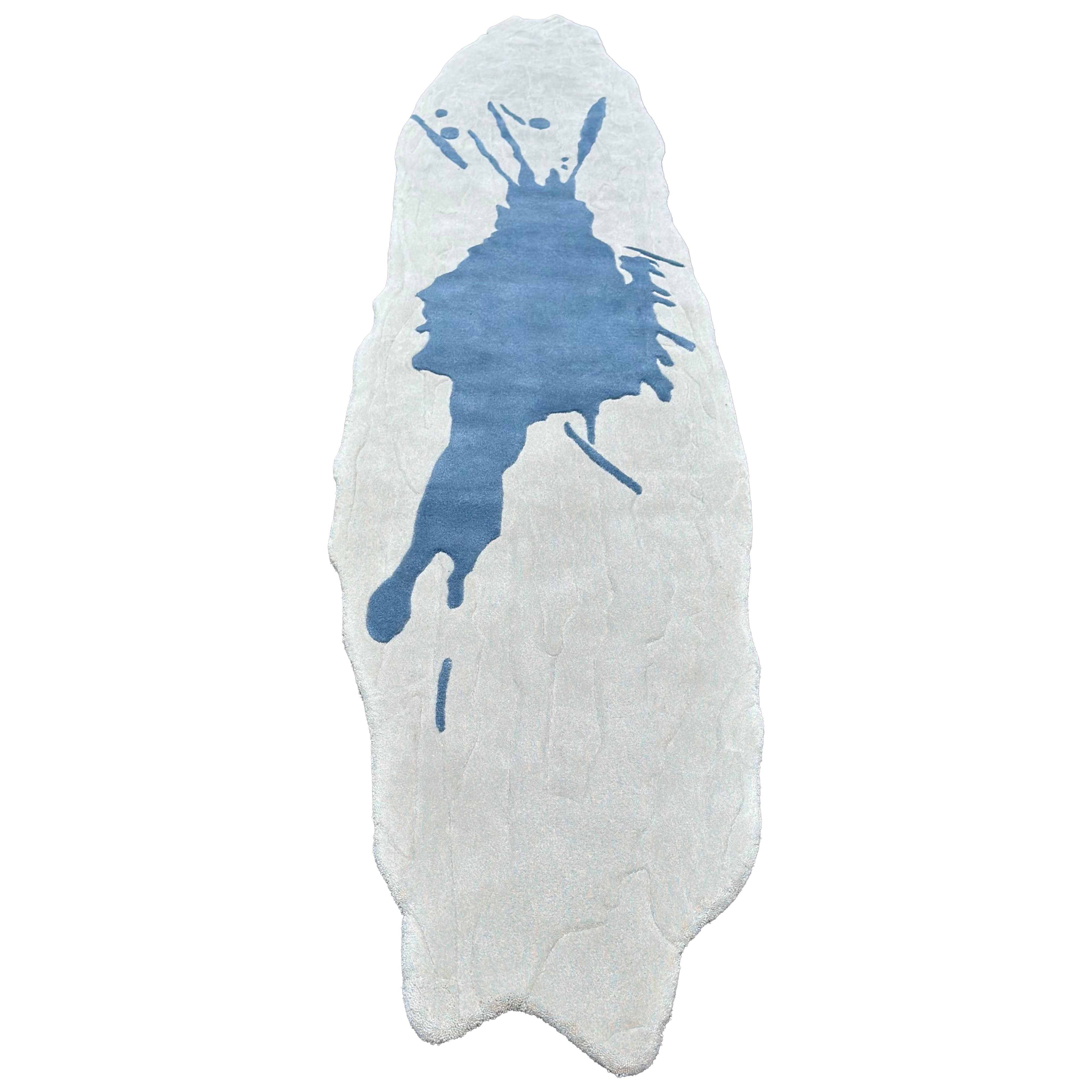Contemporary Splash Rug – Abstract Blue on White, Wool Acrylic Blend
