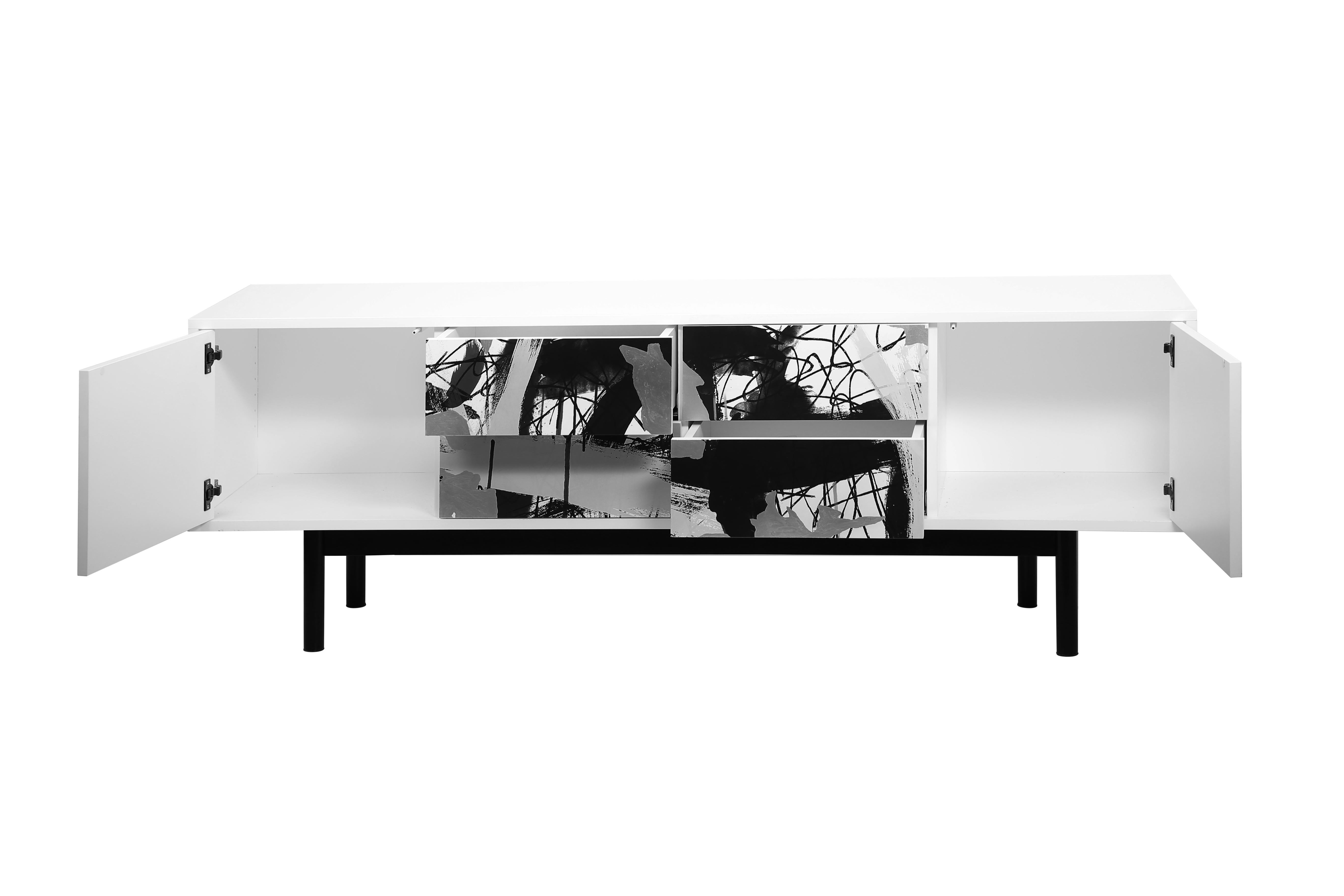 Modern Contemporary Splatter Media Console by Railis Design, Silver Leaf, Black, White For Sale