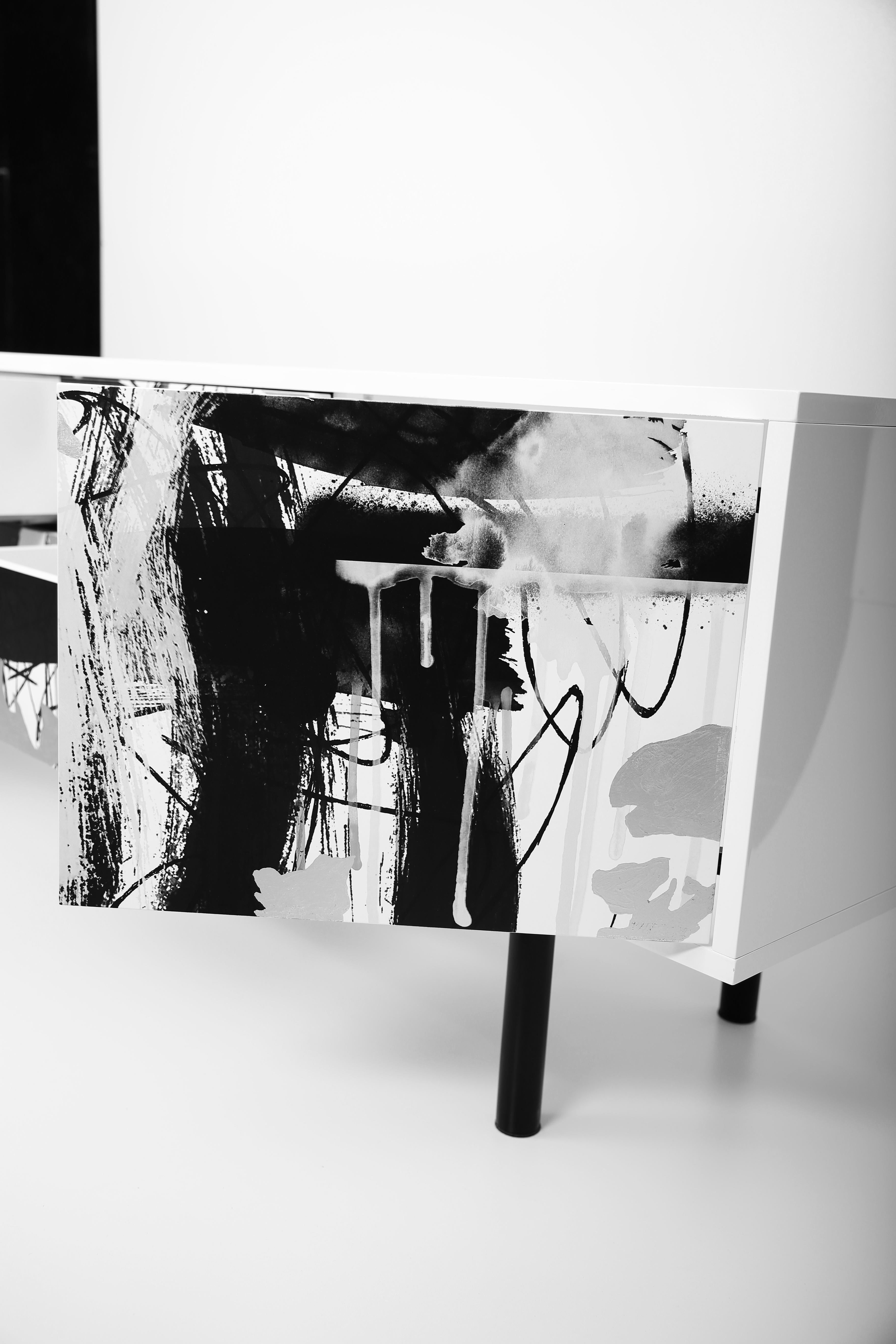 Latvian Contemporary Splatter Media Console by Railis Design, Silver Leaf, Black, White For Sale