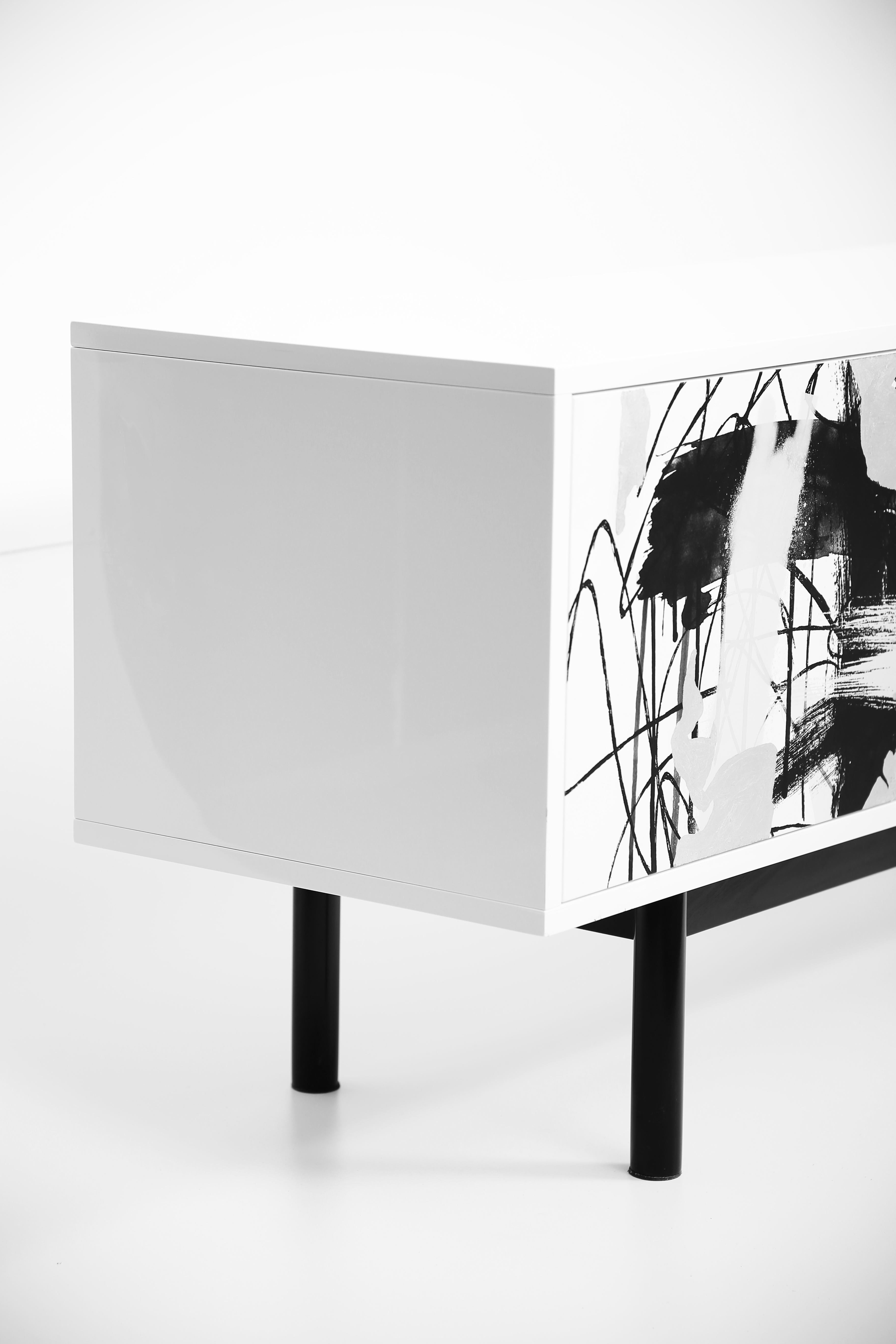 Steel Contemporary Splatter Media Console by Railis Design, Silver Leaf, Black, White For Sale