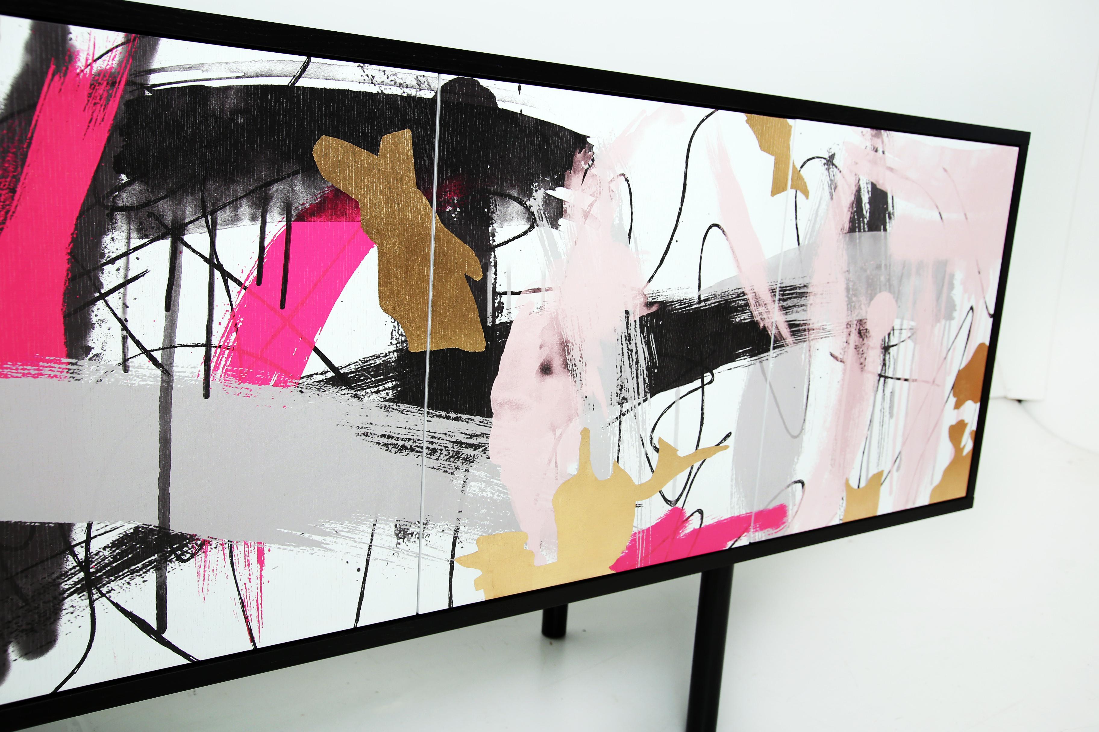 Modern Contemporary Splatter Sideboard by Railis Design, Black, Gold, Pink For Sale