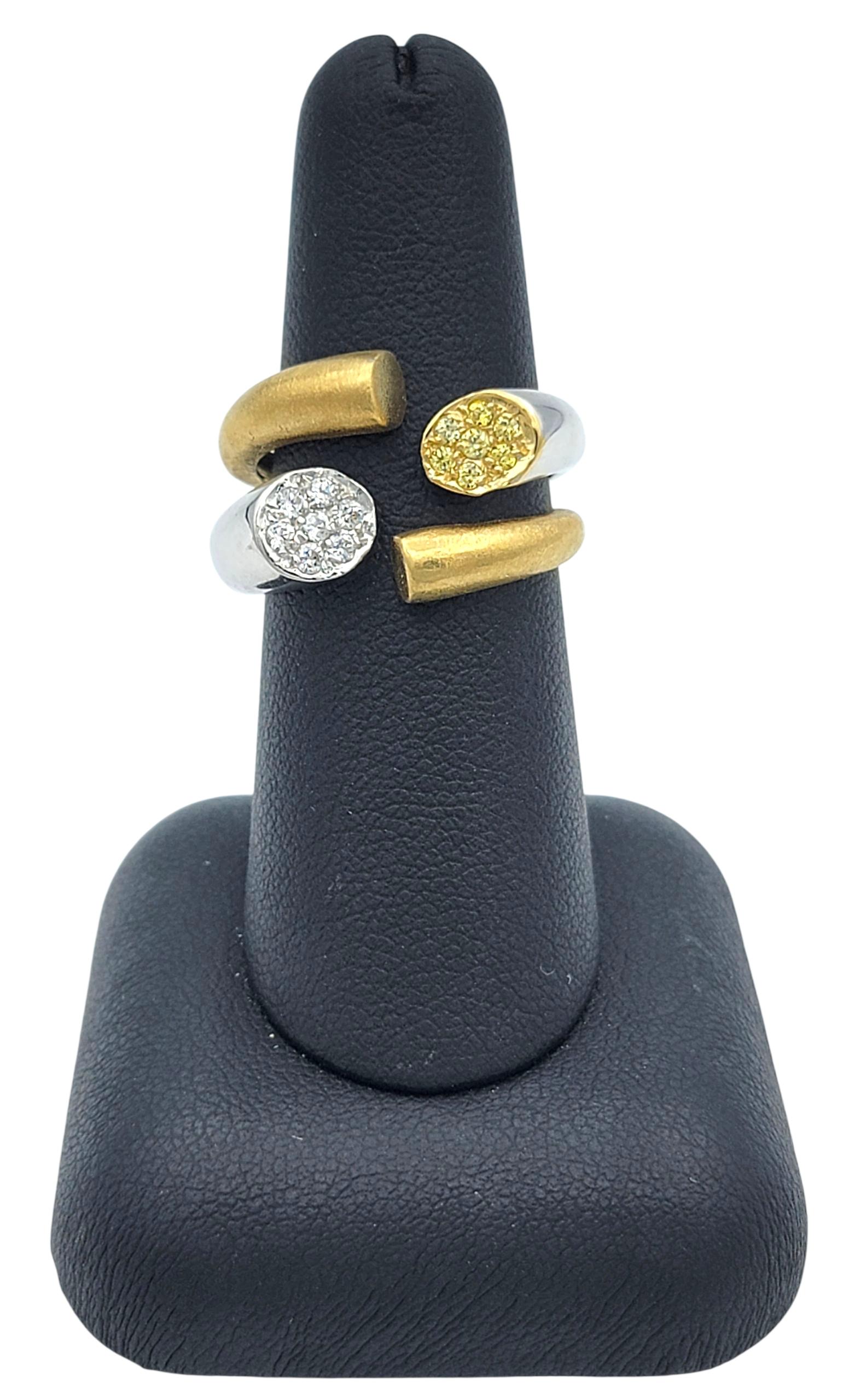 Contemporary Split Shank Two Tone Pavé Diamond Bypass Style Band Ring 18K Gold For Sale 6