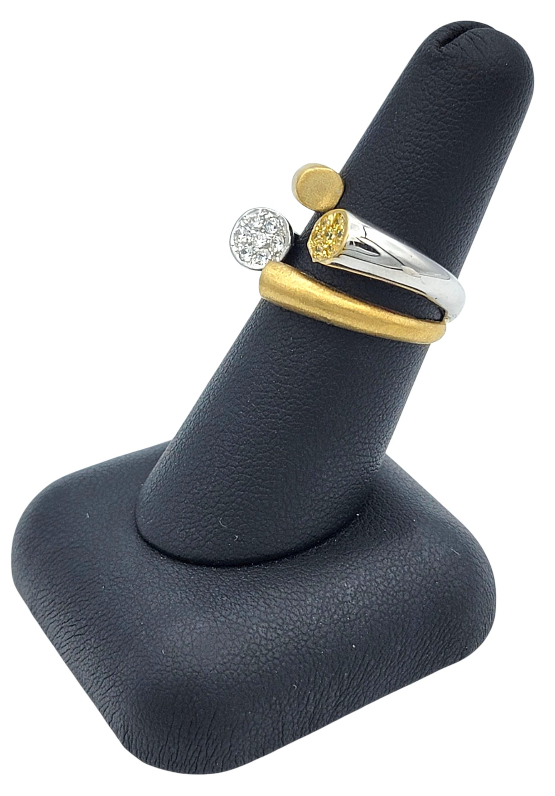 Contemporary Split Shank Two Tone Pavé Diamond Bypass Style Band Ring 18K Gold For Sale 7