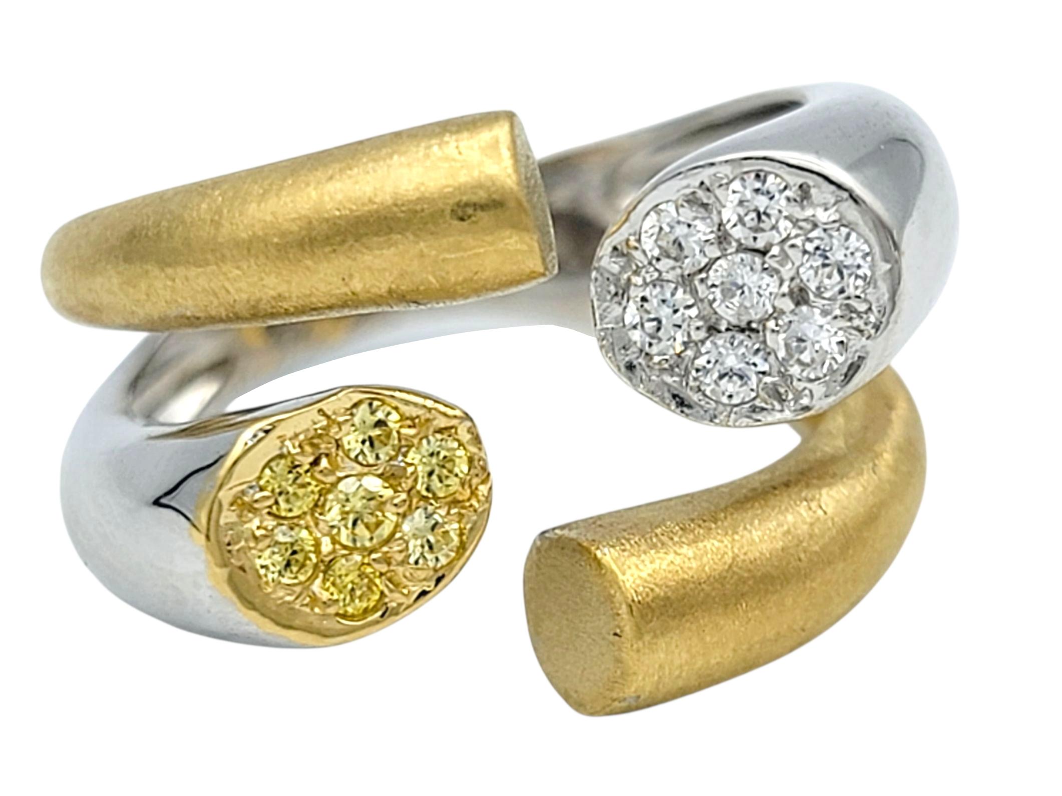 Round Cut Contemporary Split Shank Two Tone Pavé Diamond Bypass Style Band Ring 18K Gold For Sale