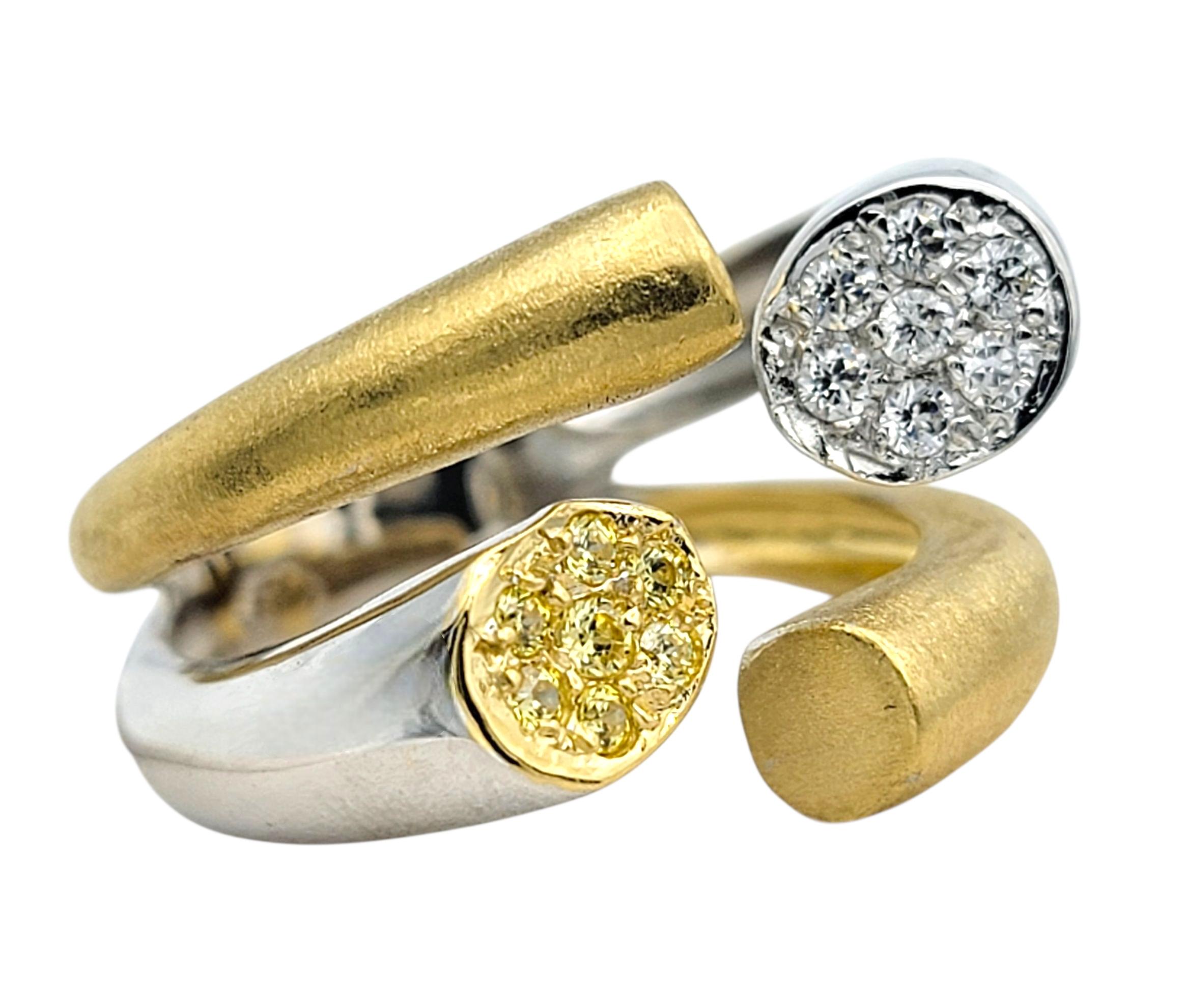 Women's Contemporary Split Shank Two Tone Pavé Diamond Bypass Style Band Ring 18K Gold For Sale