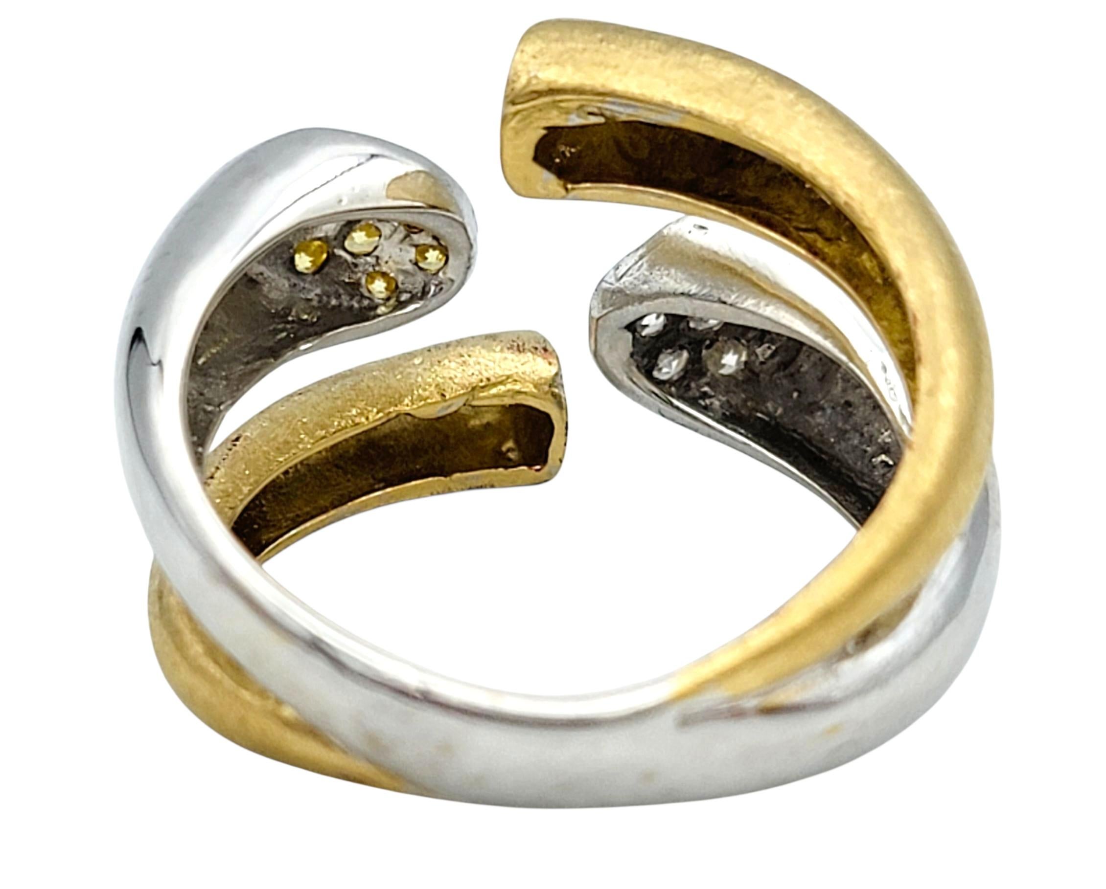 Contemporary Split Shank Two Tone Pavé Diamond Bypass Style Band Ring 18K Gold For Sale 3