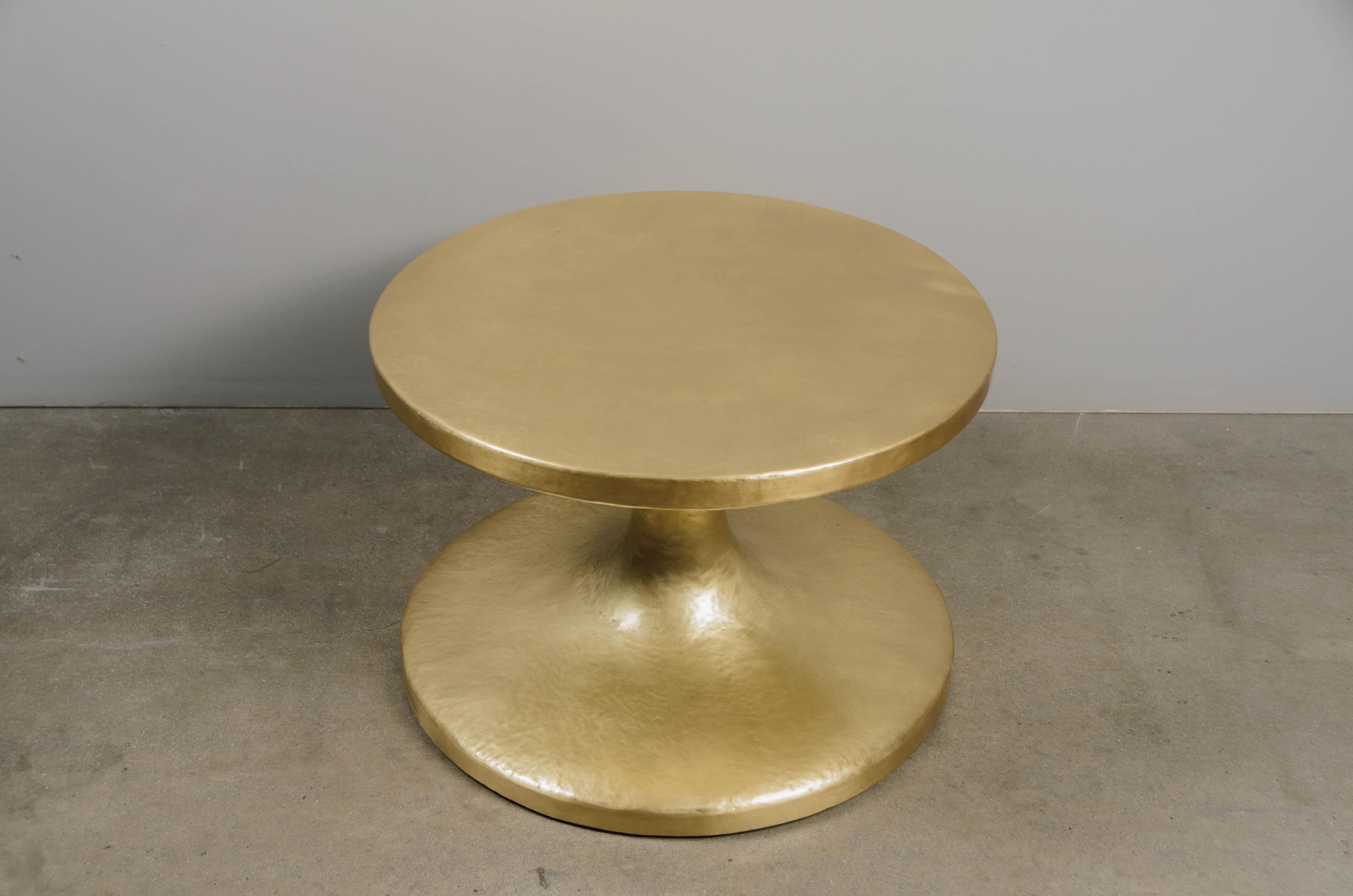 Minimalist Contemporary Spool Side Table in Brass by Robert Kuo, Hand Repoussé For Sale