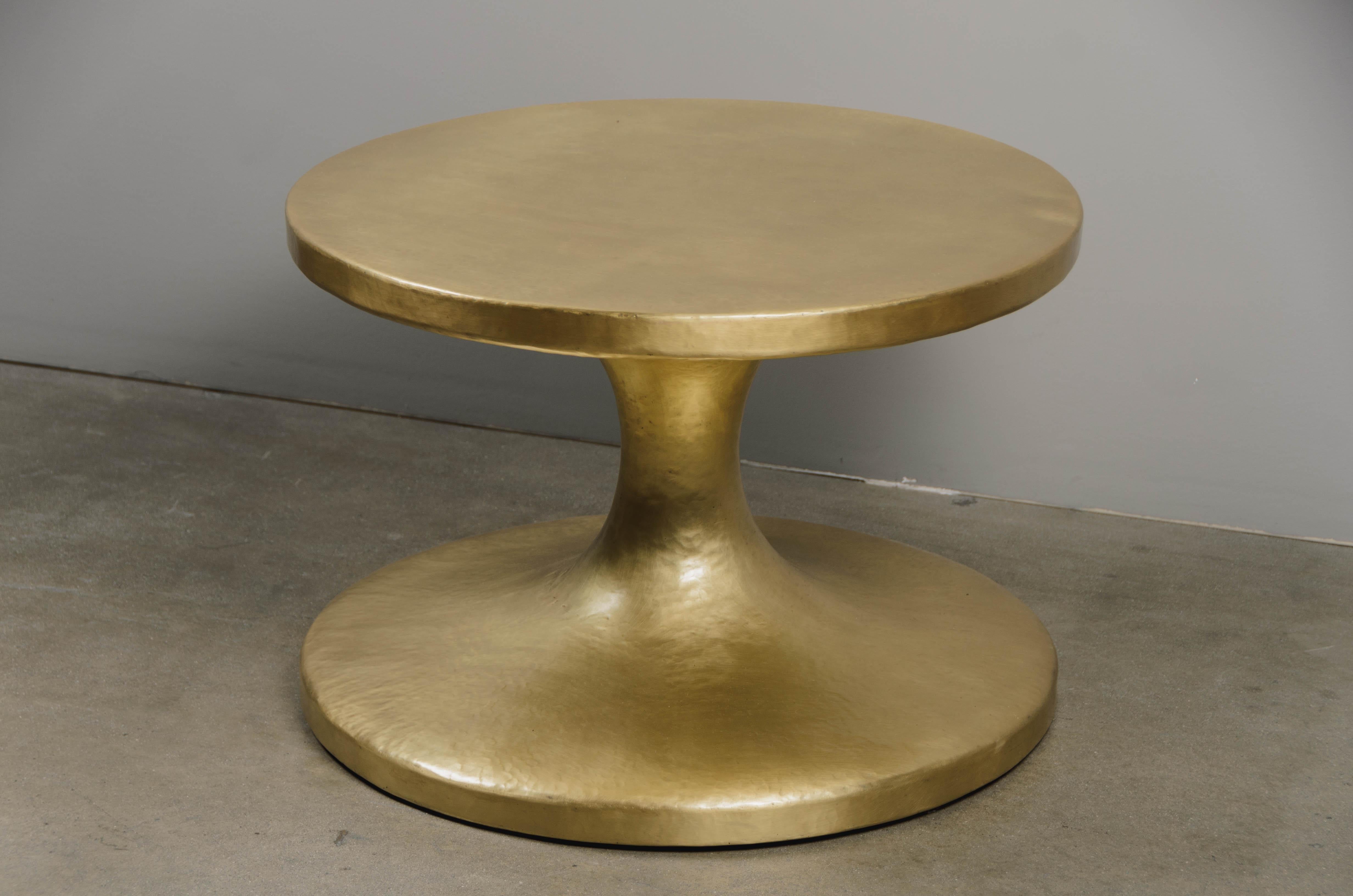 Contemporary Spool Side Table in Brass by Robert Kuo, Hand Repoussé For Sale 1