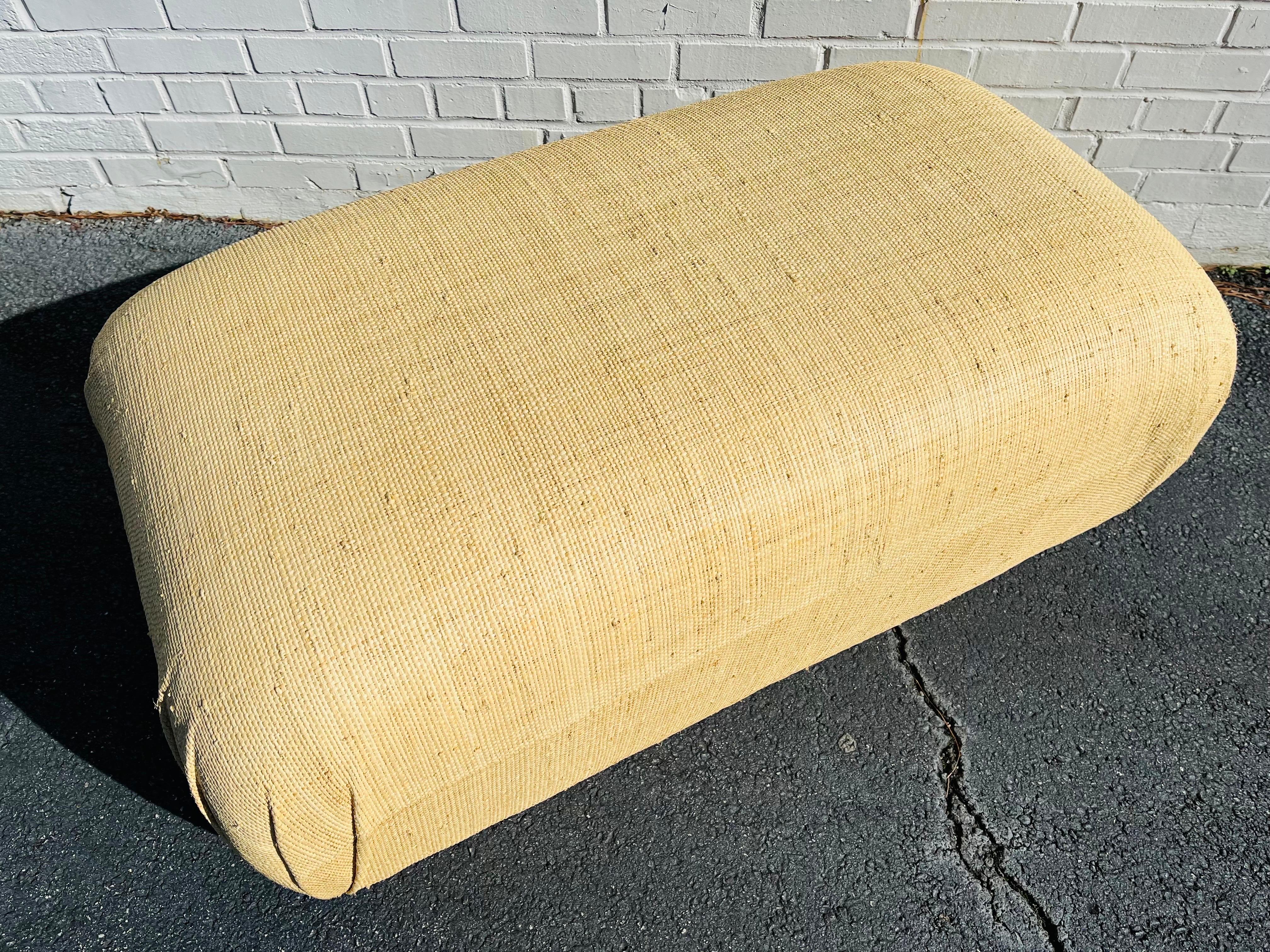 Contemporary Springer Style Grasscloth Upholstered Large Pouf Souffle Ottoman In Good Condition In Atlanta, GA