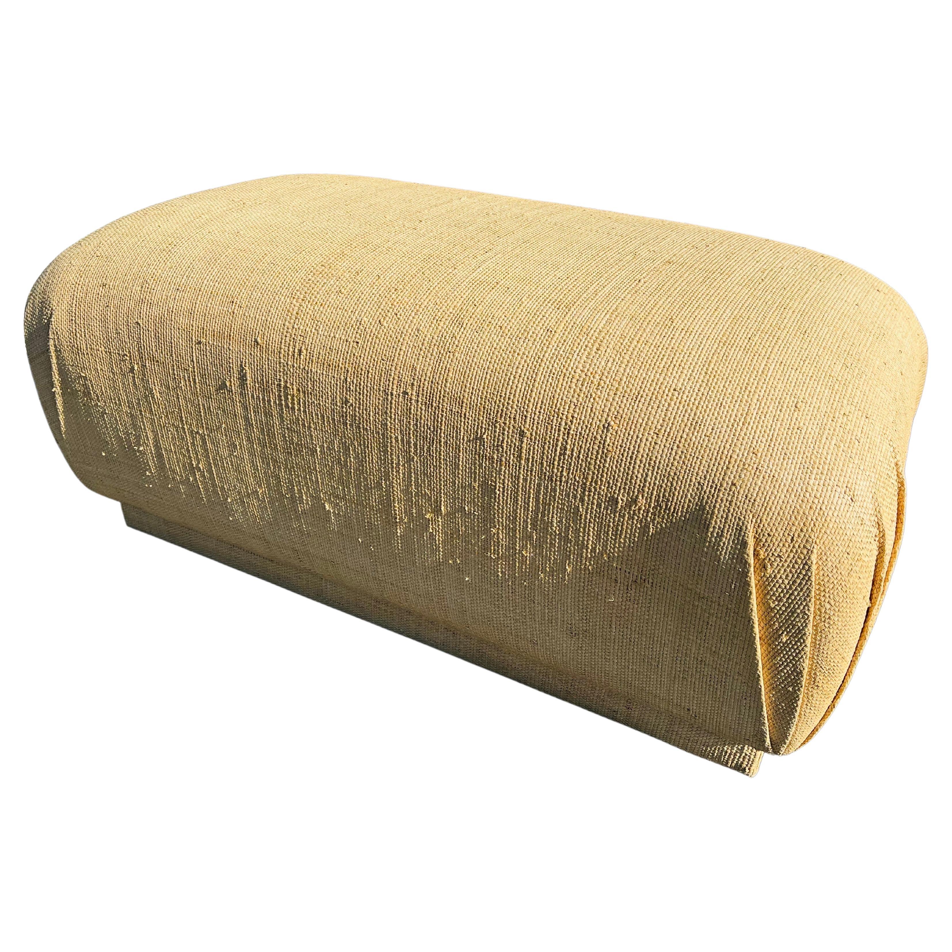 Contemporary Springer Style Grasscloth Upholstered Large Pouf Souffle Ottoman