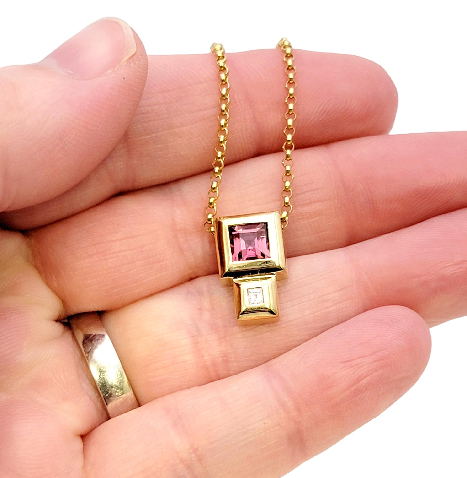 Contemporary Square Cut Pink Tourmaline and Diamond Yellow Gold Pendant Necklace For Sale 8