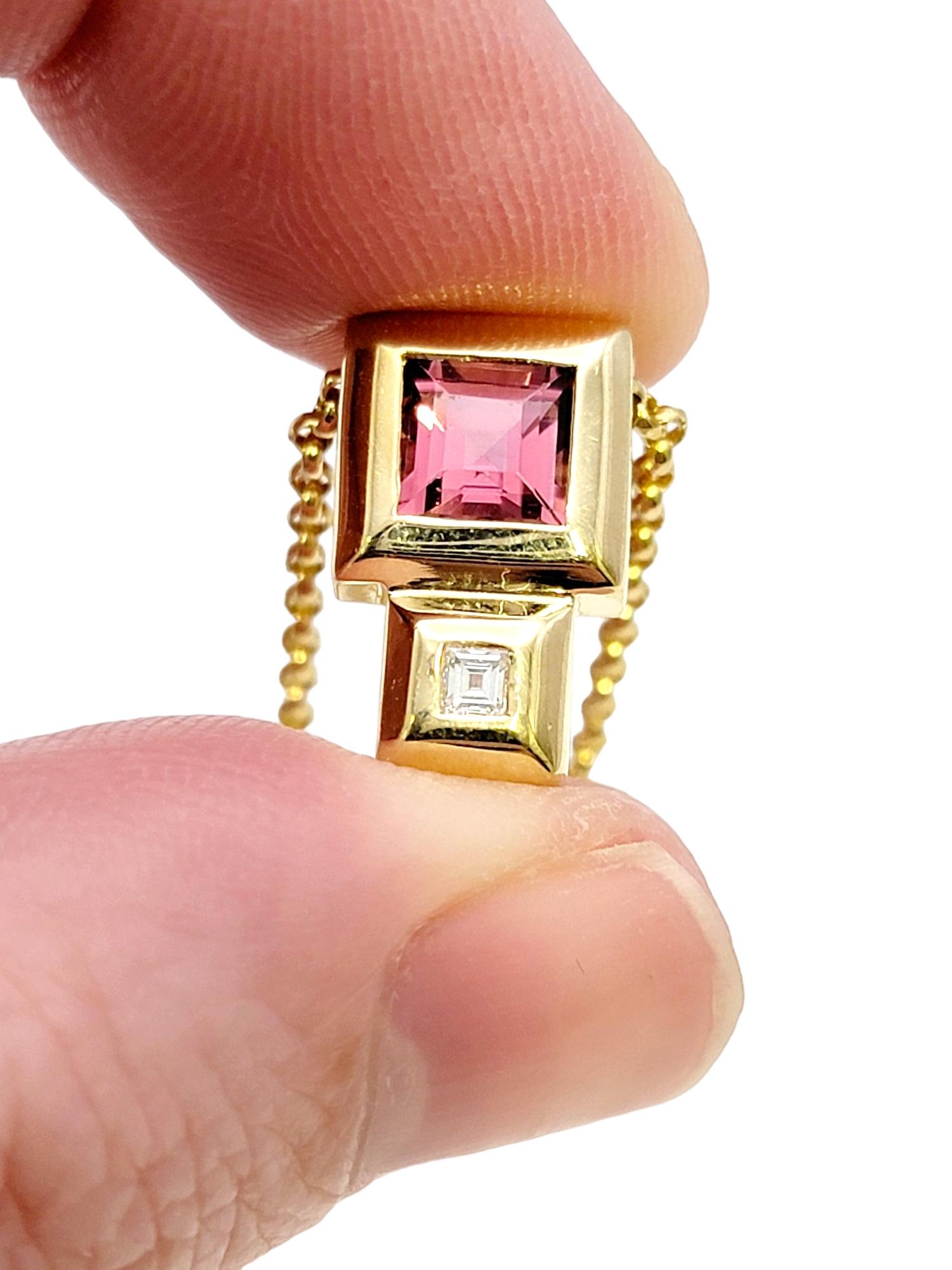 Contemporary Square Cut Pink Tourmaline and Diamond Yellow Gold Pendant Necklace For Sale 9