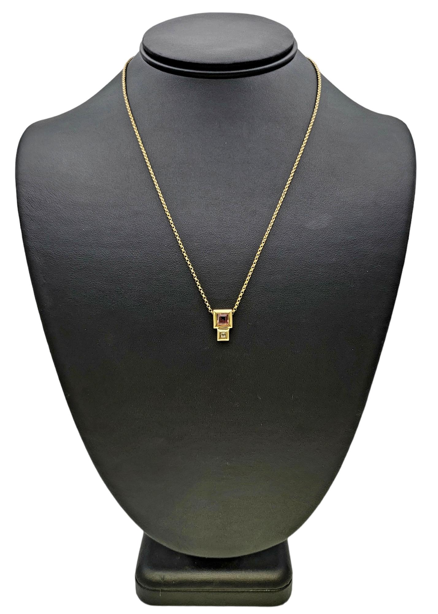 Contemporary Square Cut Pink Tourmaline and Diamond Yellow Gold Pendant Necklace For Sale 10