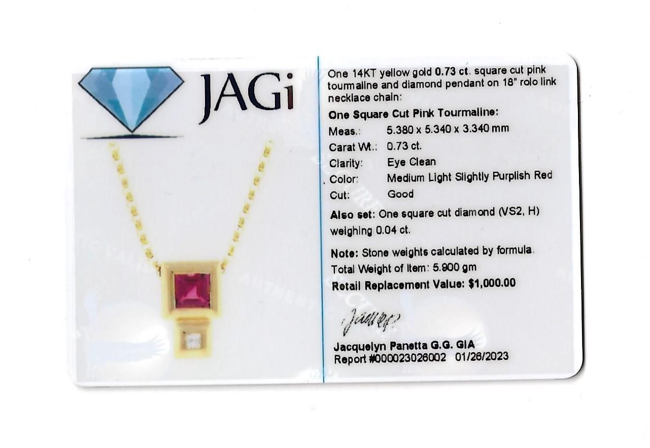 Contemporary Square Cut Pink Tourmaline and Diamond Yellow Gold Pendant Necklace For Sale 12
