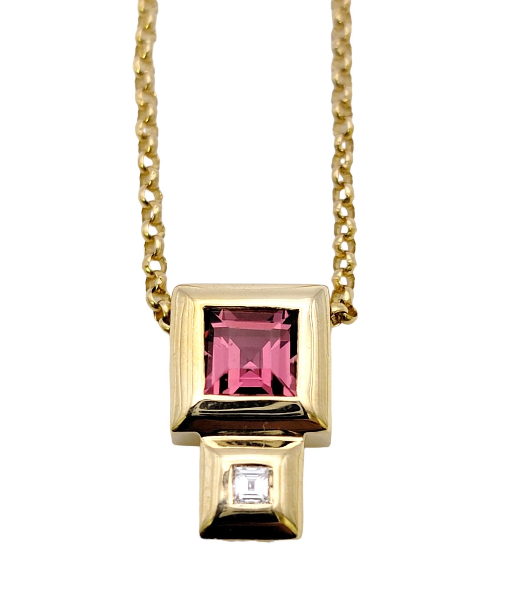 Gorgeous contemporary pendant necklace with the perfect pop of color.  Warm yellow gold is paired with sparkling gemstones in a chic geometric design, making this modern beauty one of your new favorite pieces. 

This lovely necklace features a