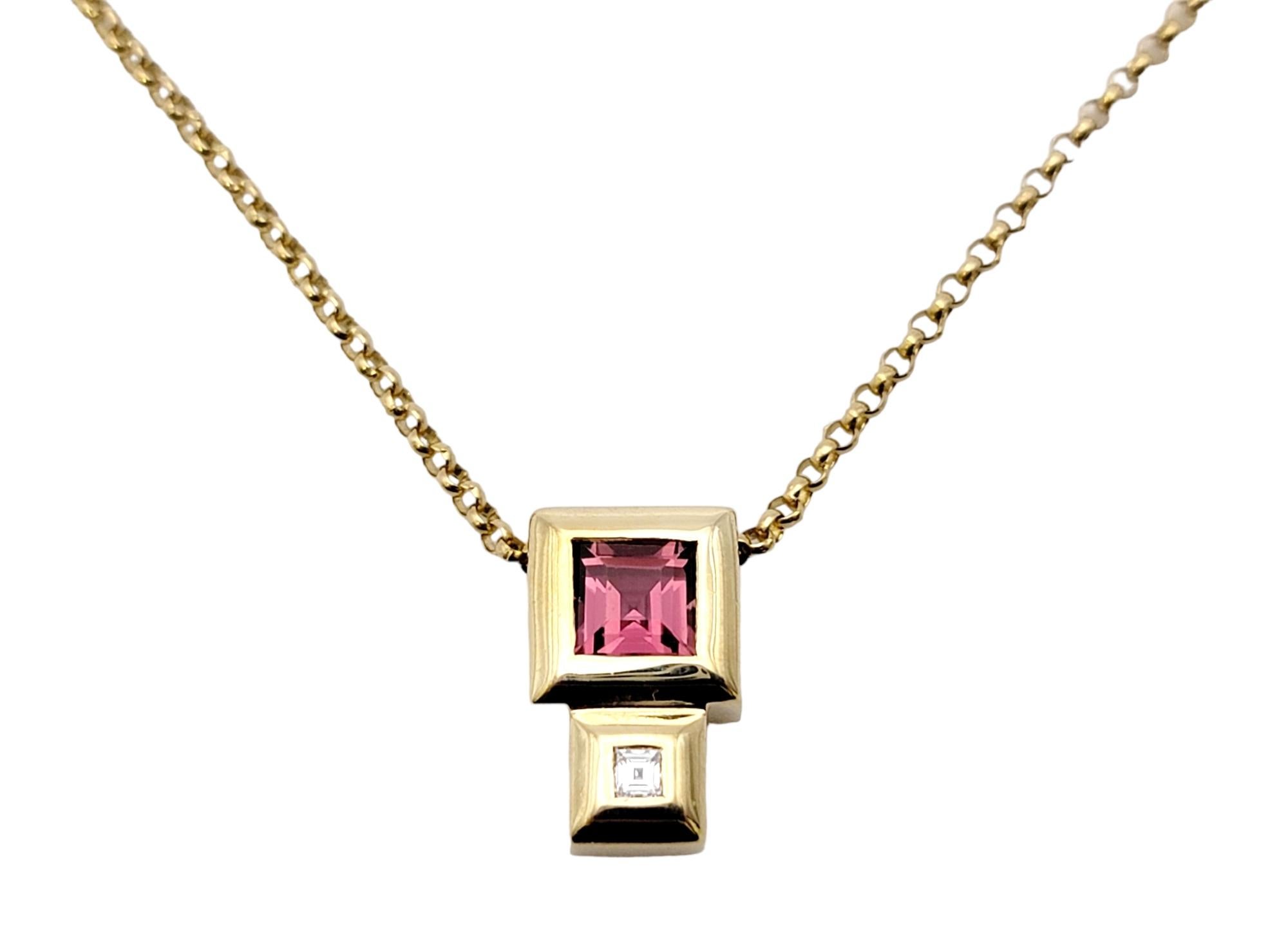 Contemporary Square Cut Pink Tourmaline and Diamond Yellow Gold Pendant Necklace In Excellent Condition For Sale In Scottsdale, AZ