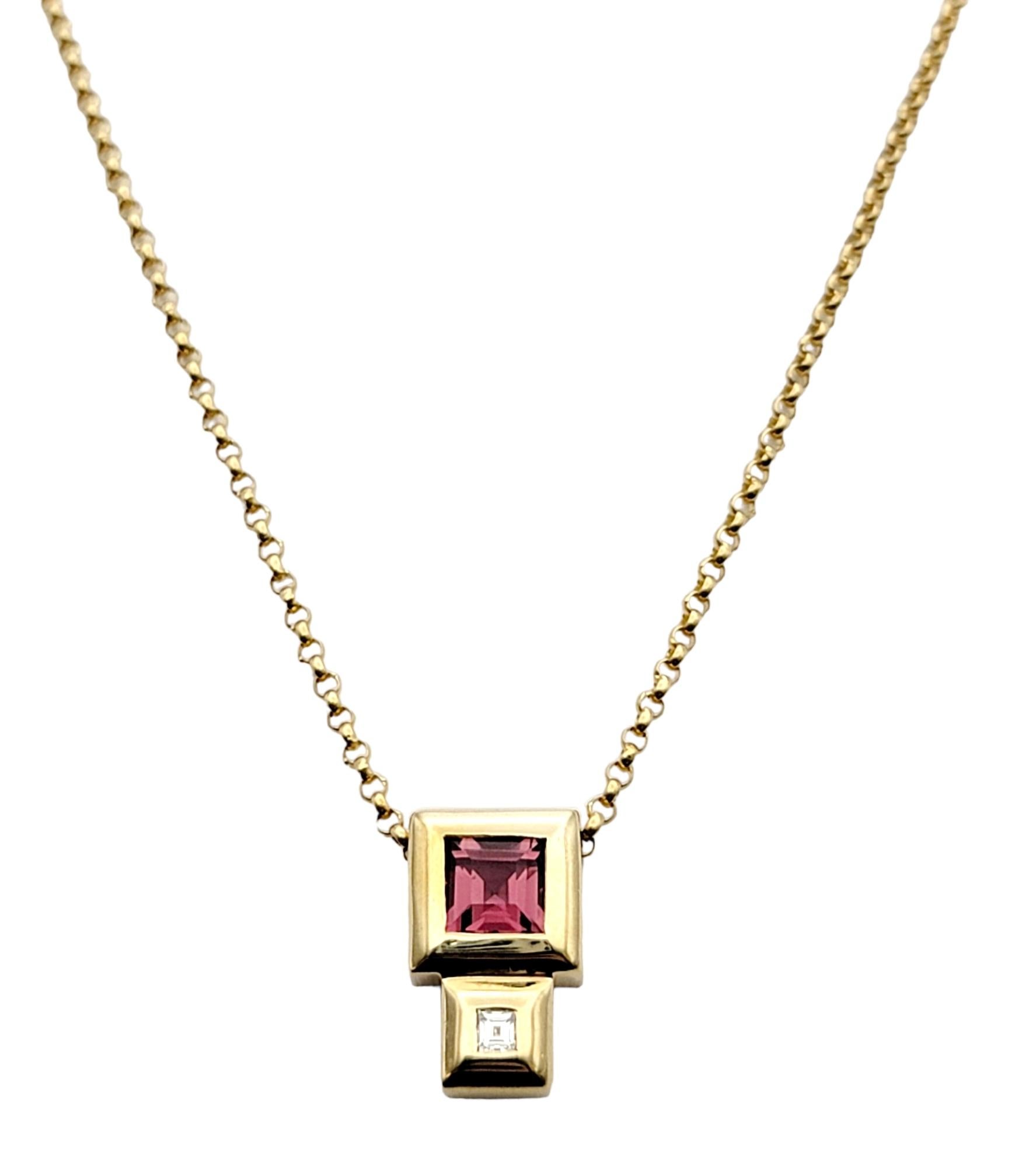 Women's Contemporary Square Cut Pink Tourmaline and Diamond Yellow Gold Pendant Necklace For Sale