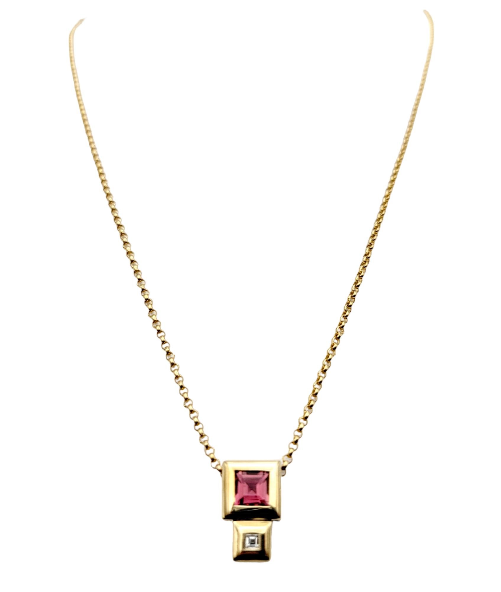 Contemporary Square Cut Pink Tourmaline and Diamond Yellow Gold Pendant Necklace For Sale 1