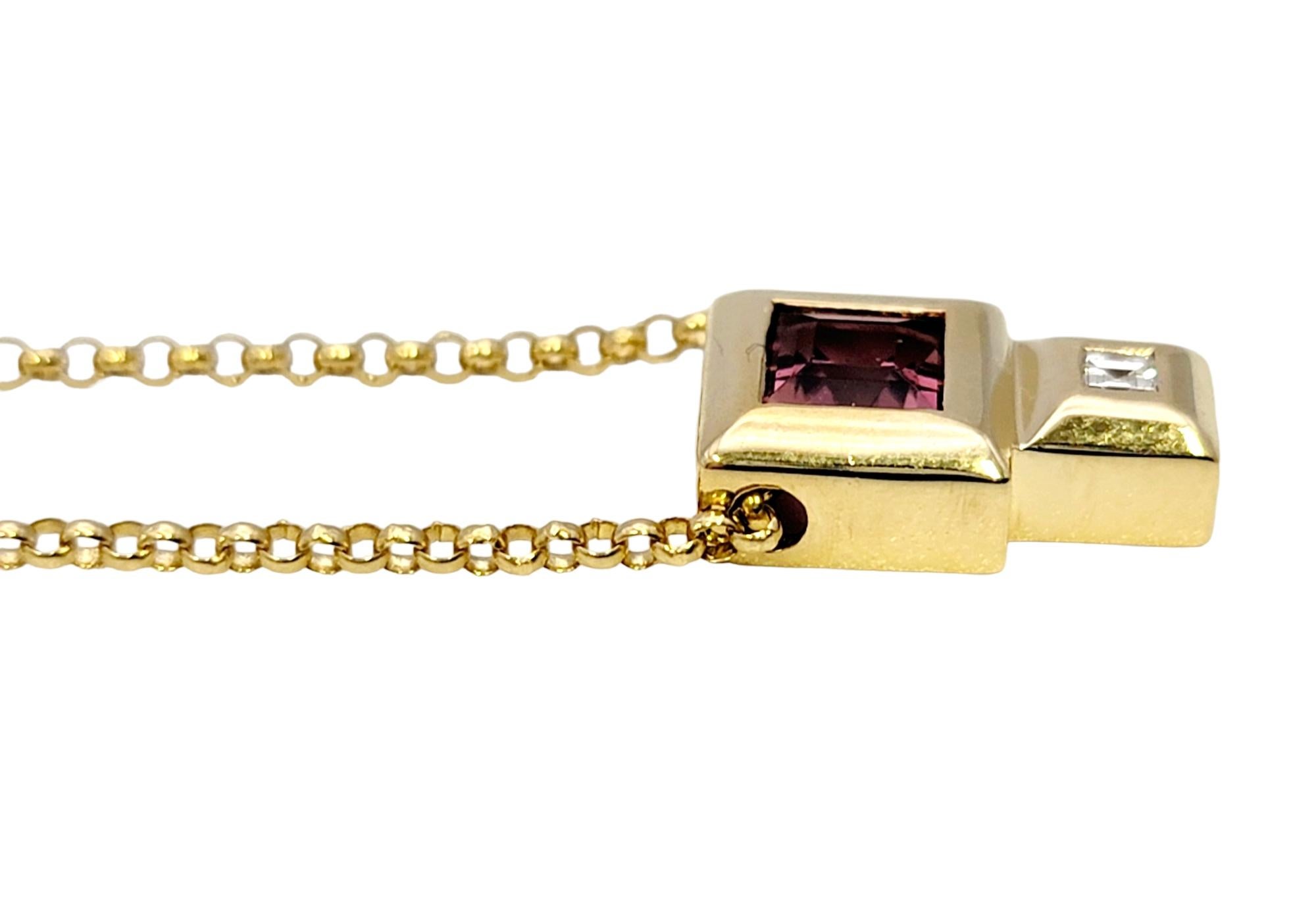 Contemporary Square Cut Pink Tourmaline and Diamond Yellow Gold Pendant Necklace For Sale 3