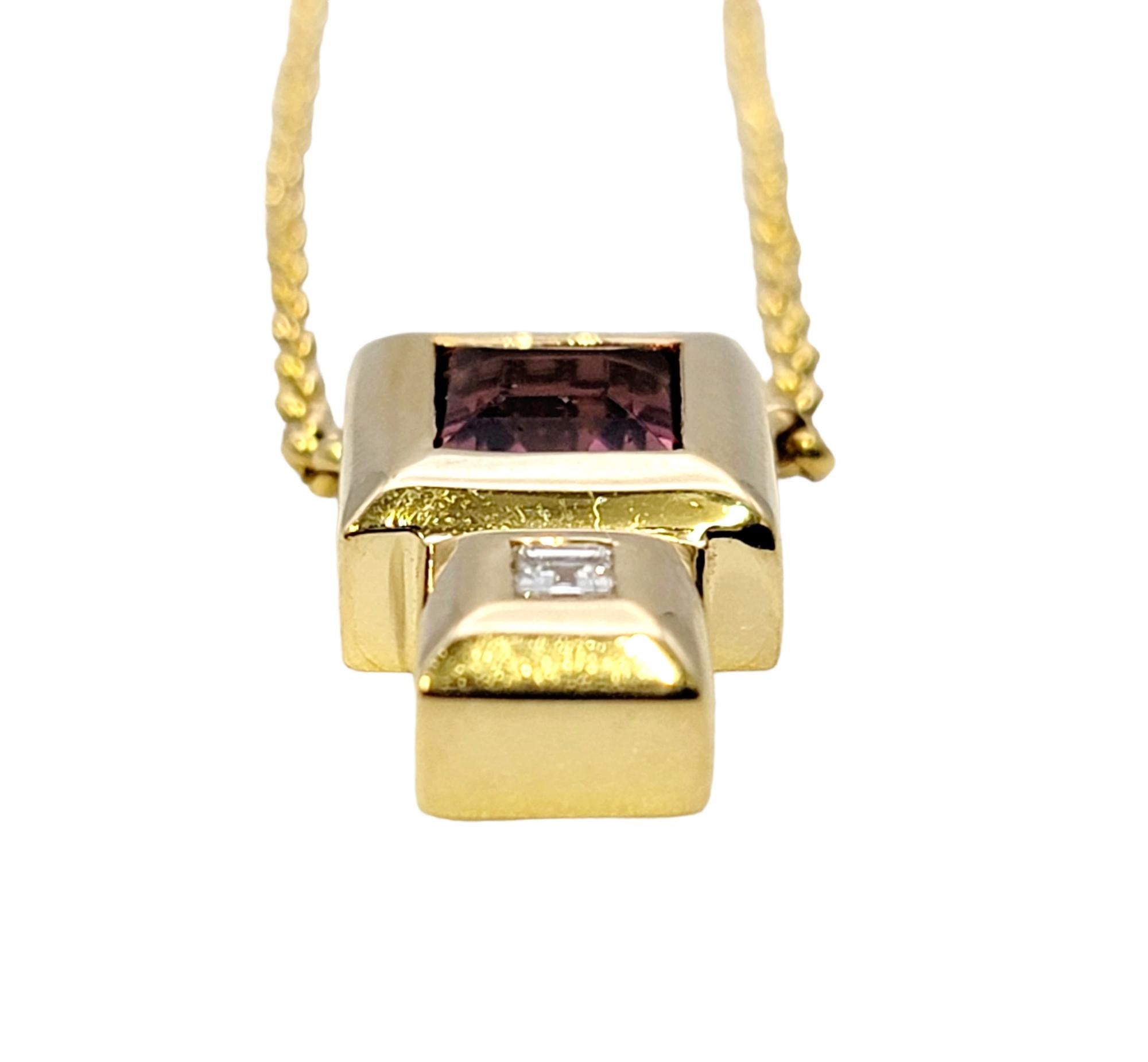 Contemporary Square Cut Pink Tourmaline and Diamond Yellow Gold Pendant Necklace For Sale 4